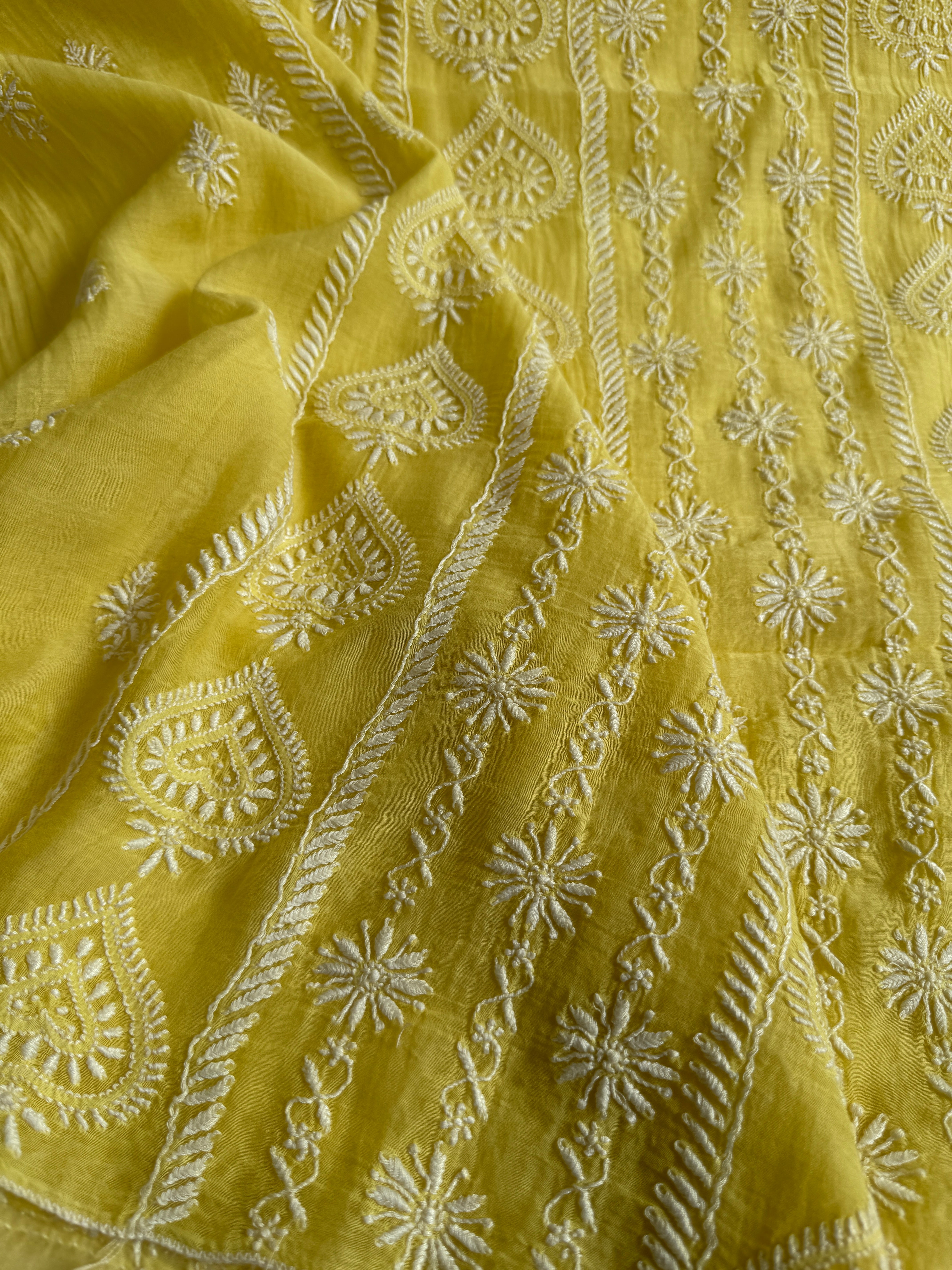 Mul Chanderi Chikankari Unstitched Length with Dupatta - Yellow