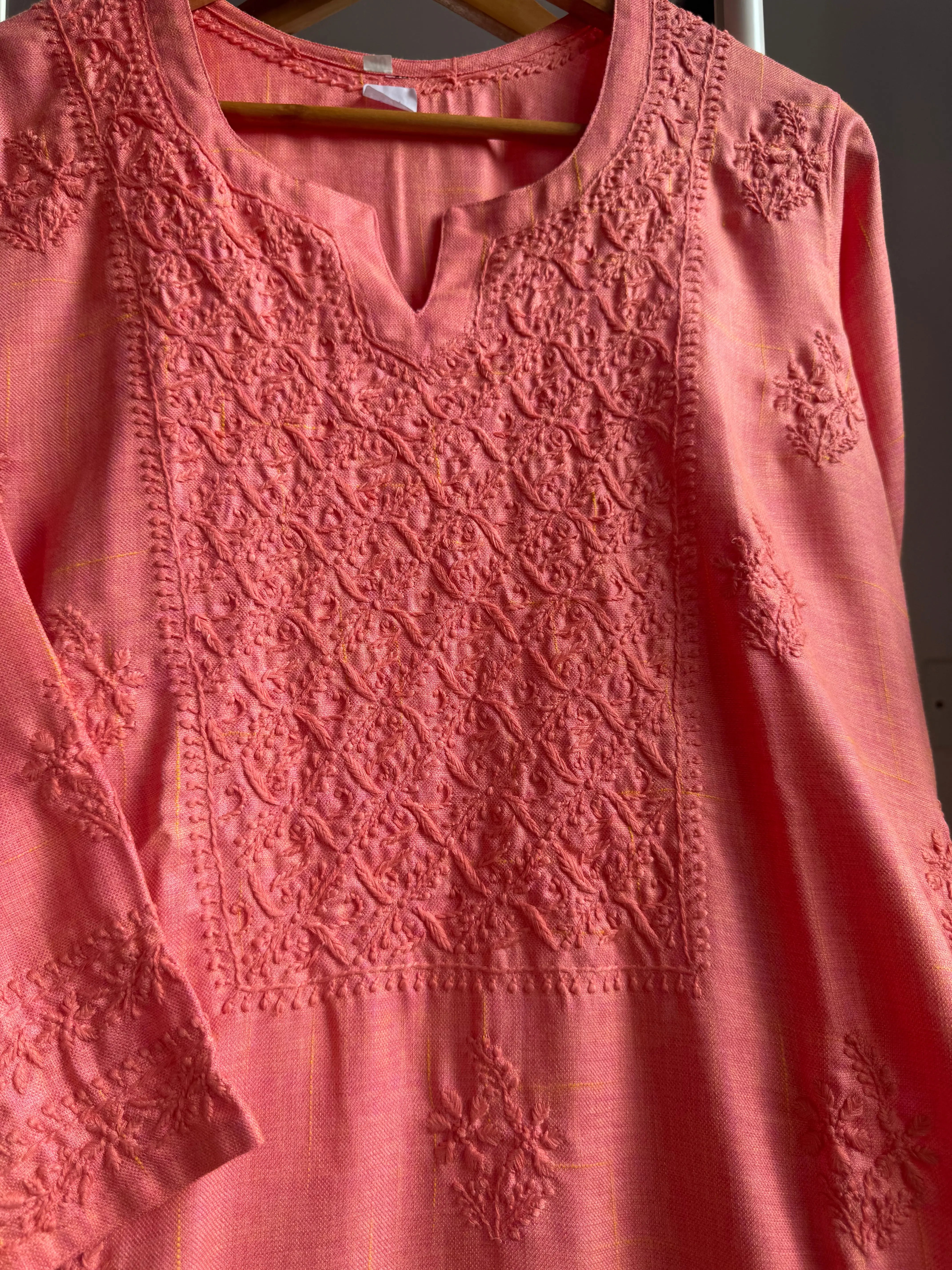 Thick Cotton Chikankari Kurti - Carrot Pink ARIAA CHIKANKARI 