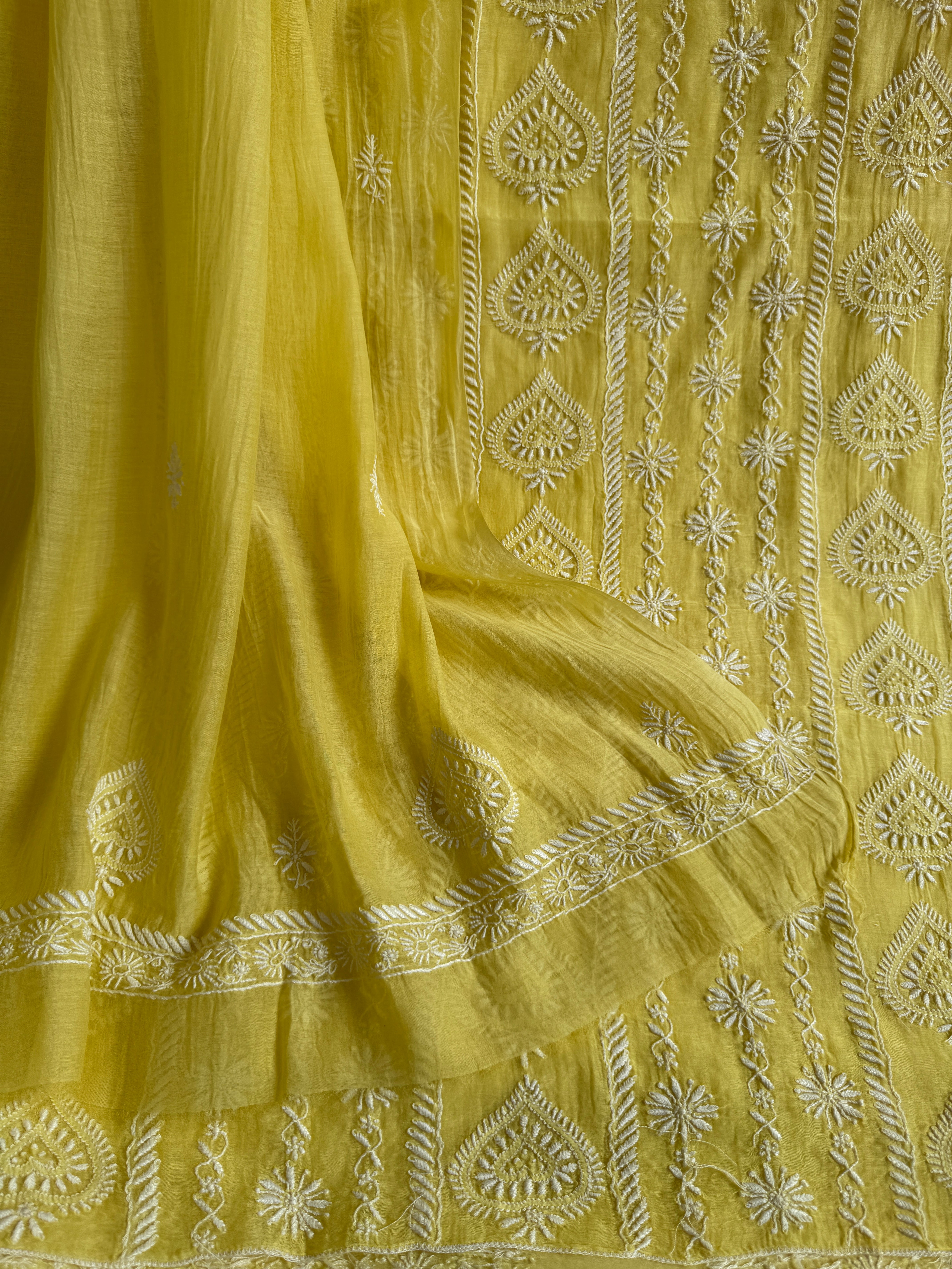 Mul Chanderi Chikankari Unstitched Length with Dupatta - Yellow