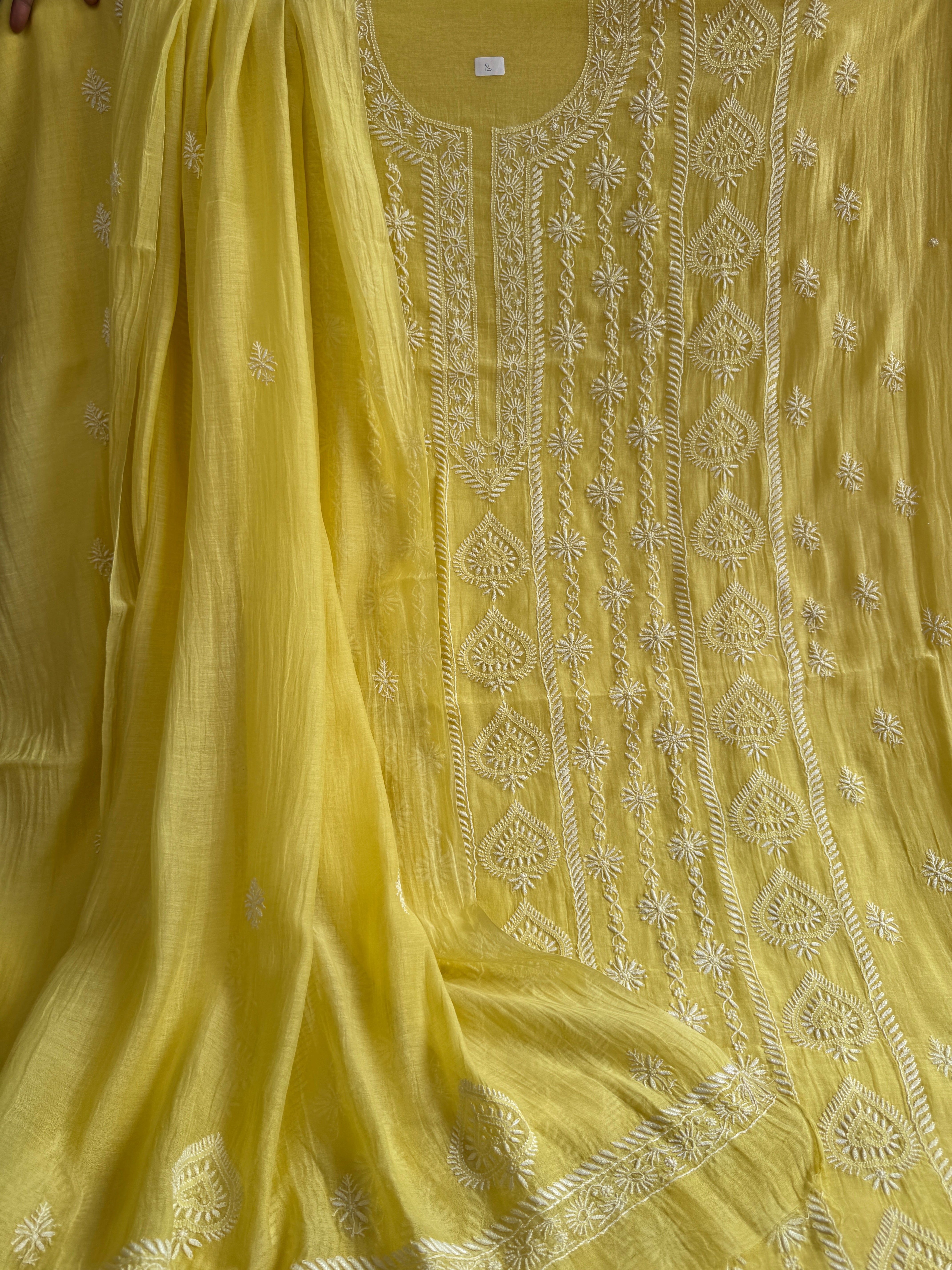 Mul Chanderi Chikankari Unstitched Length with Dupatta - Yellow