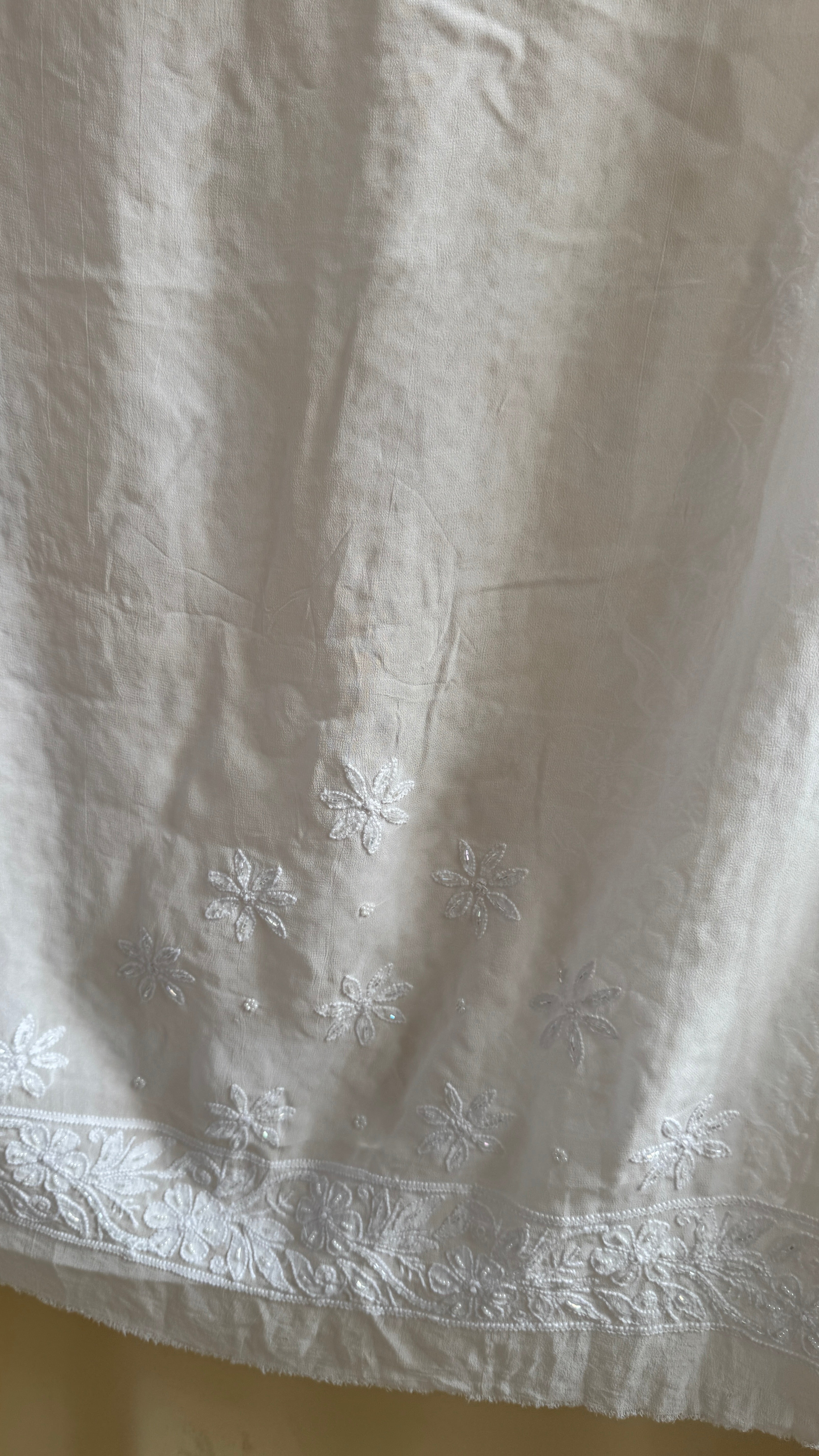 Viscose White Chikankari saree with Pearl embellishments