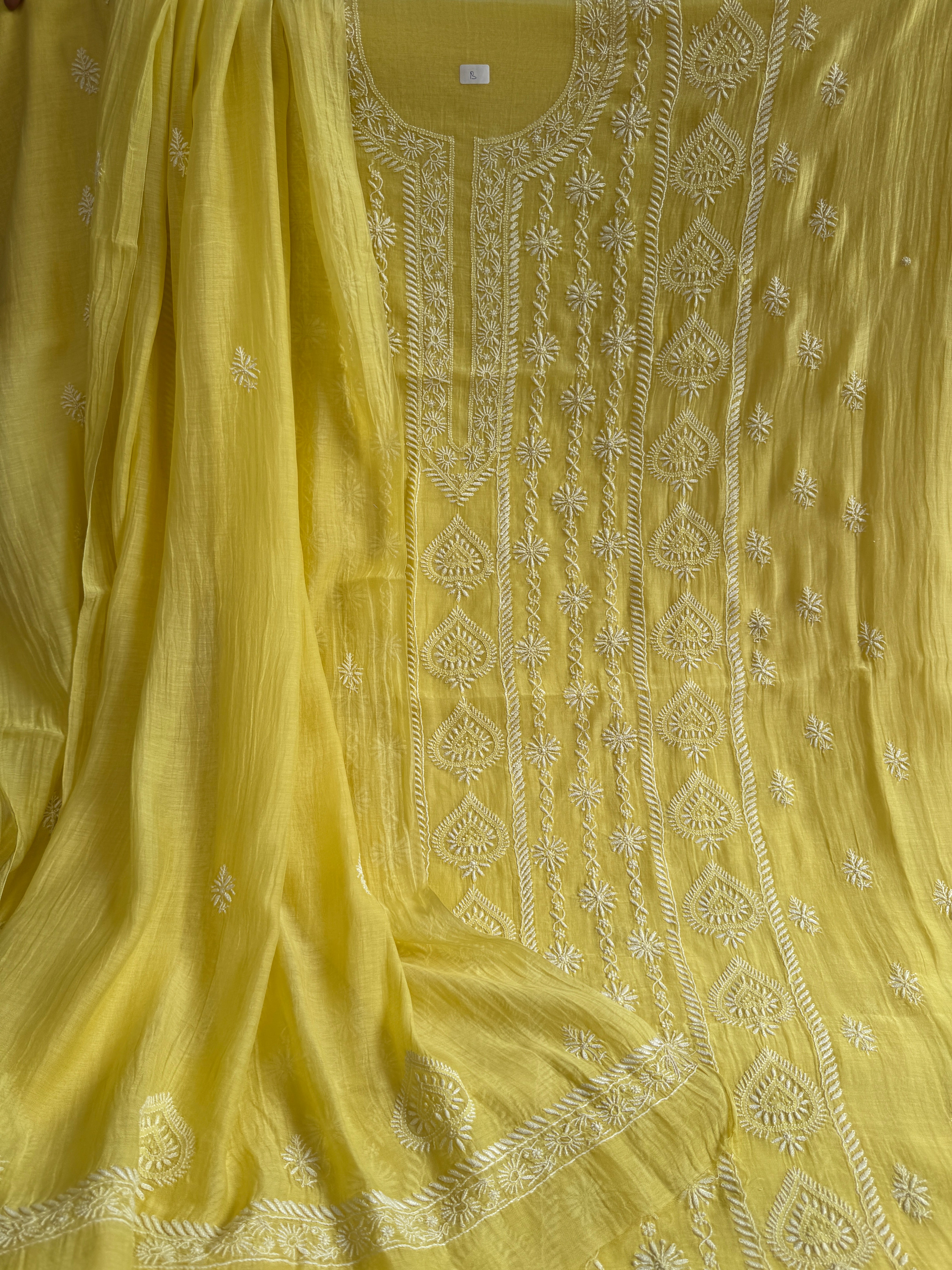 Mul Chanderi Chikankari Unstitched Length with Dupatta - Yellow