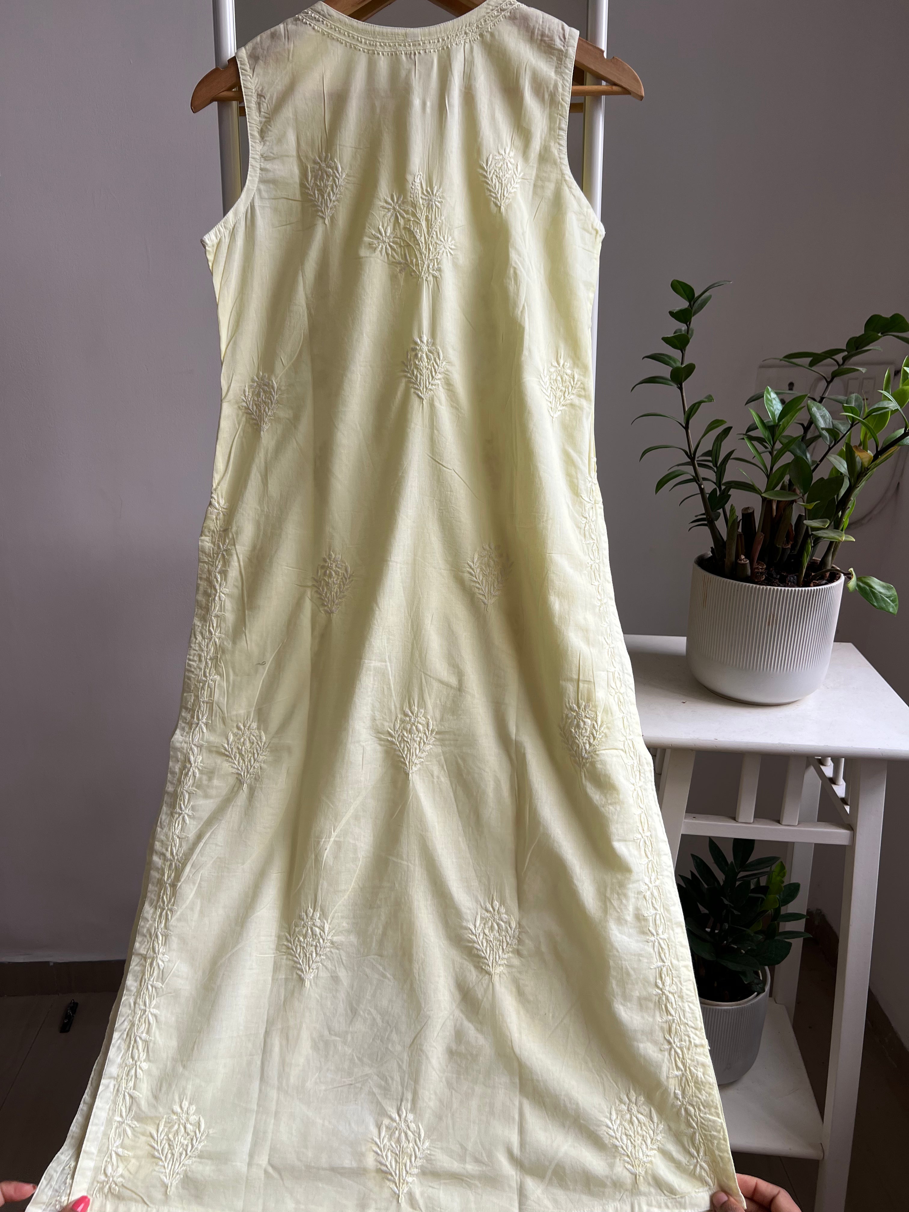 Mul Cotton Sleevless Chikankari Kurti - Lemon Yellow ARIAA CHIKANKARI 