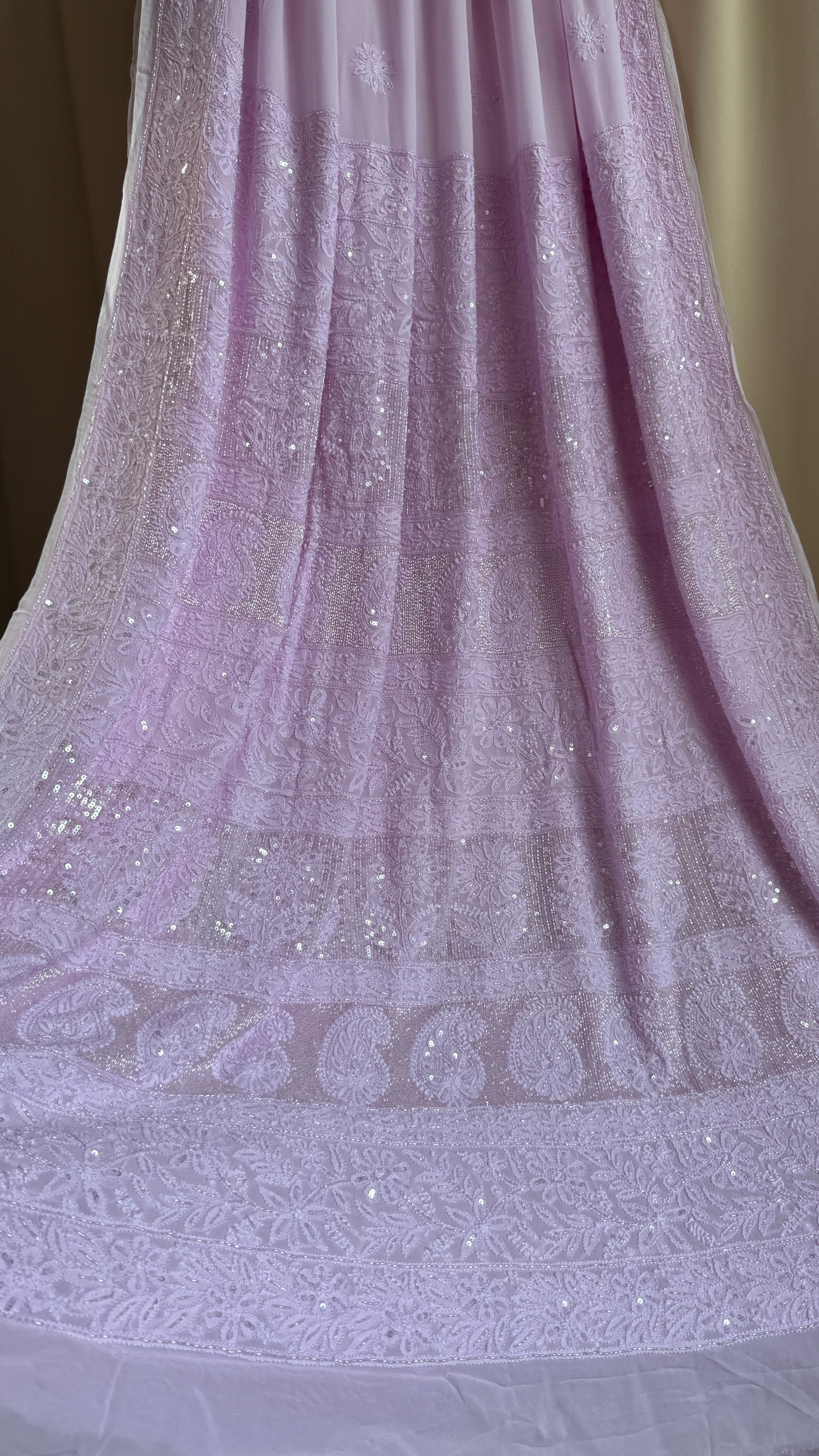 Viscose Lilac Chikankari saree with Pearl embellishments