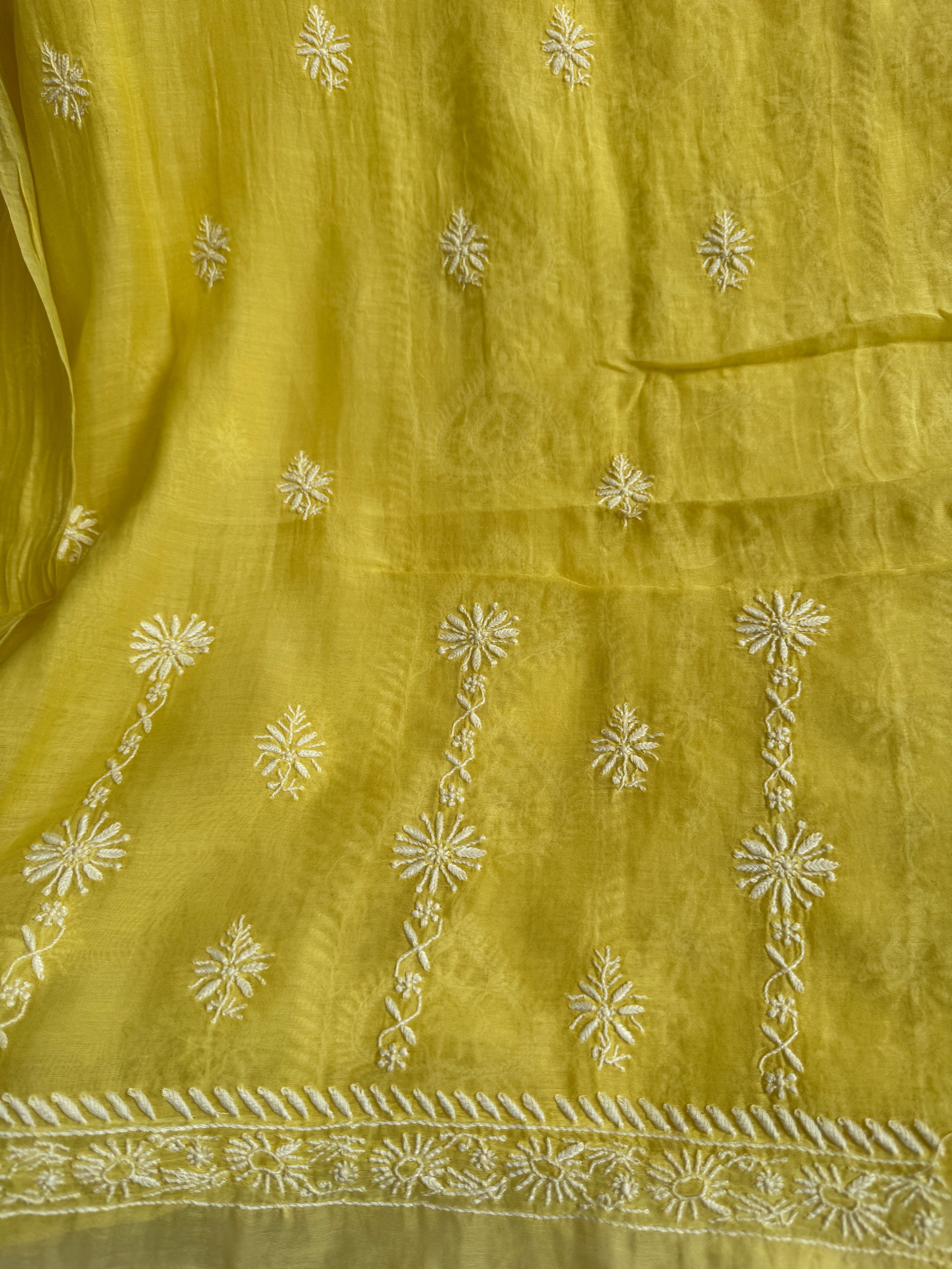 Mul Chanderi Chikankari Unstitched Length with Dupatta - Yellow