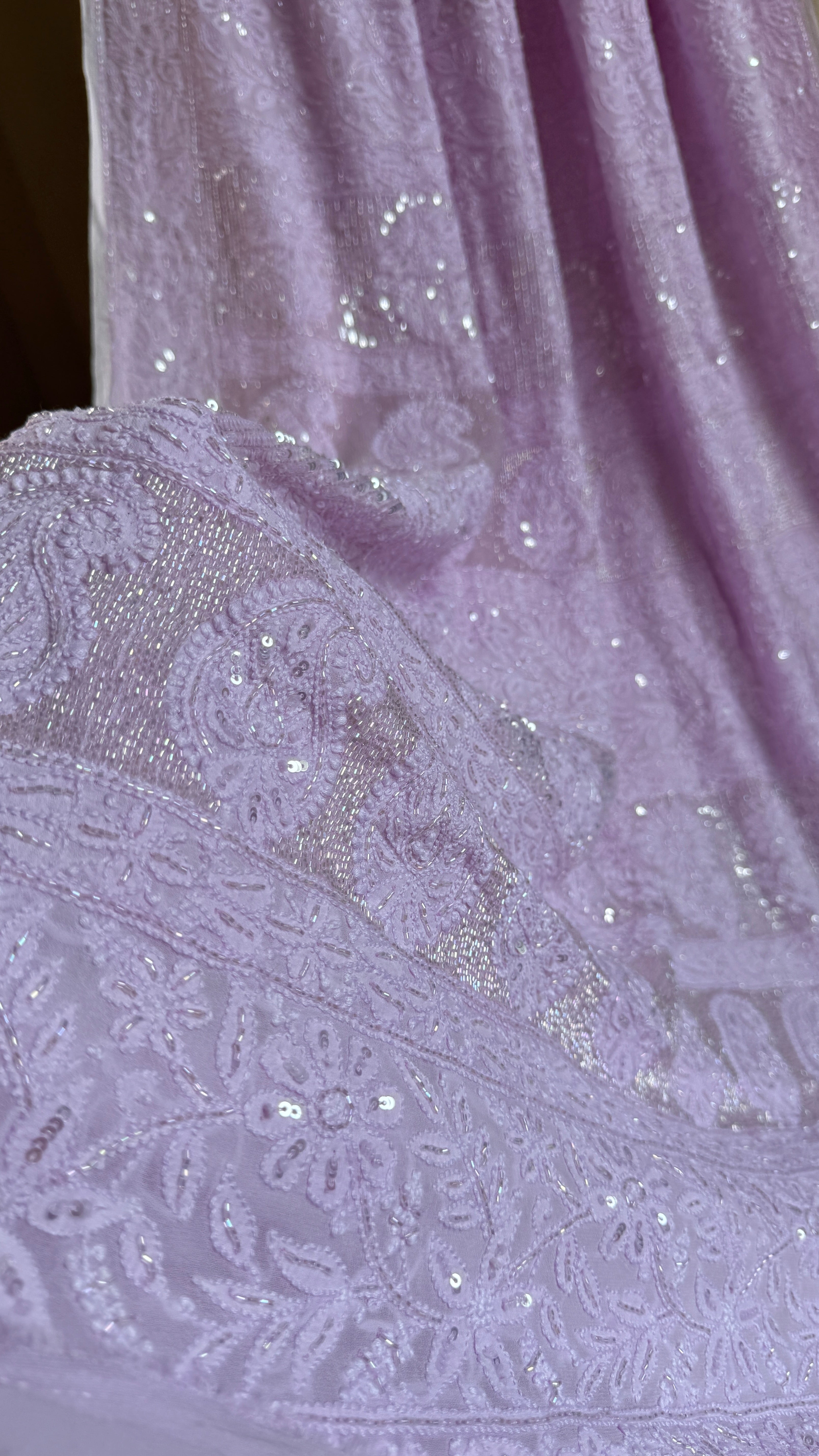Viscose Lilac Chikankari saree with Pearl embellishments