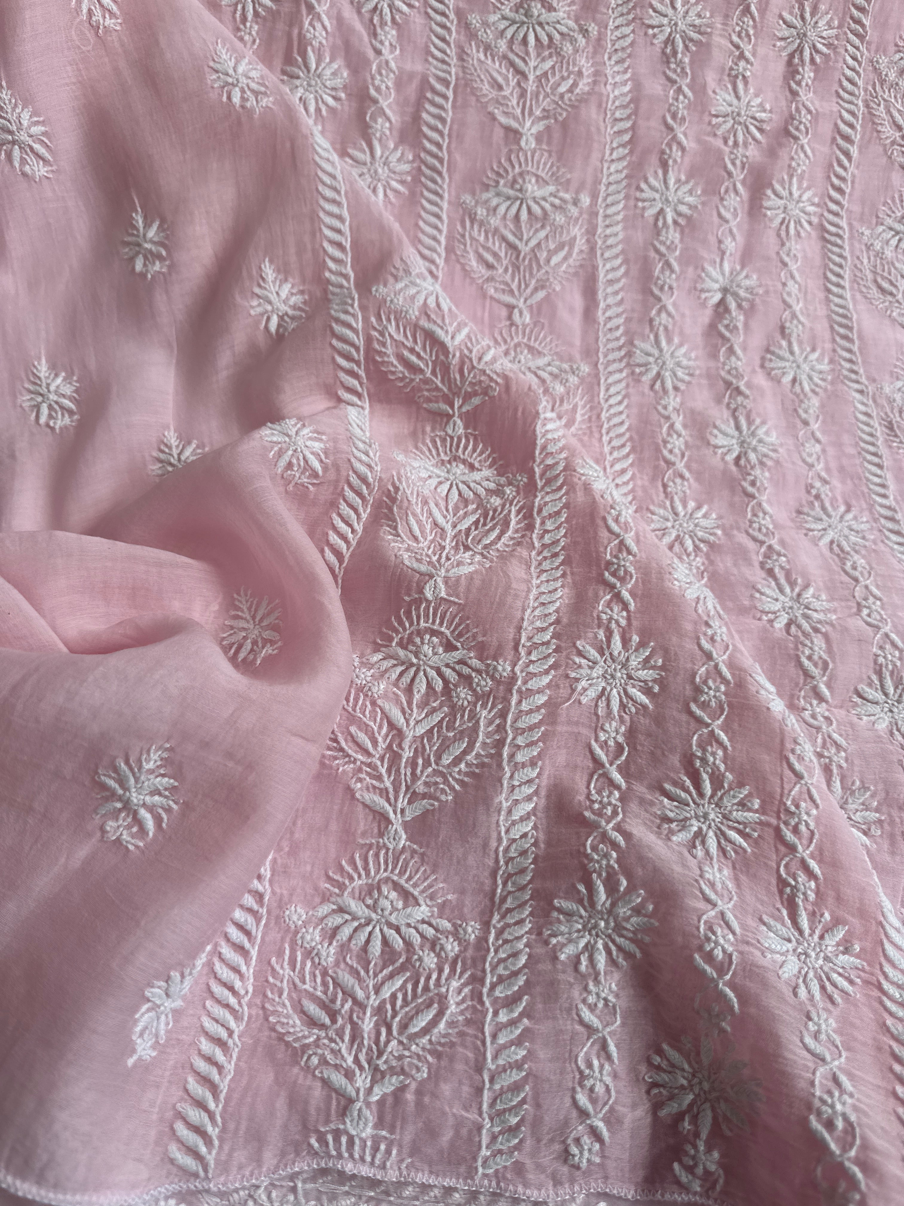 Mul Chanderi Chikankari Unstitched Length with Dupatta - Pink