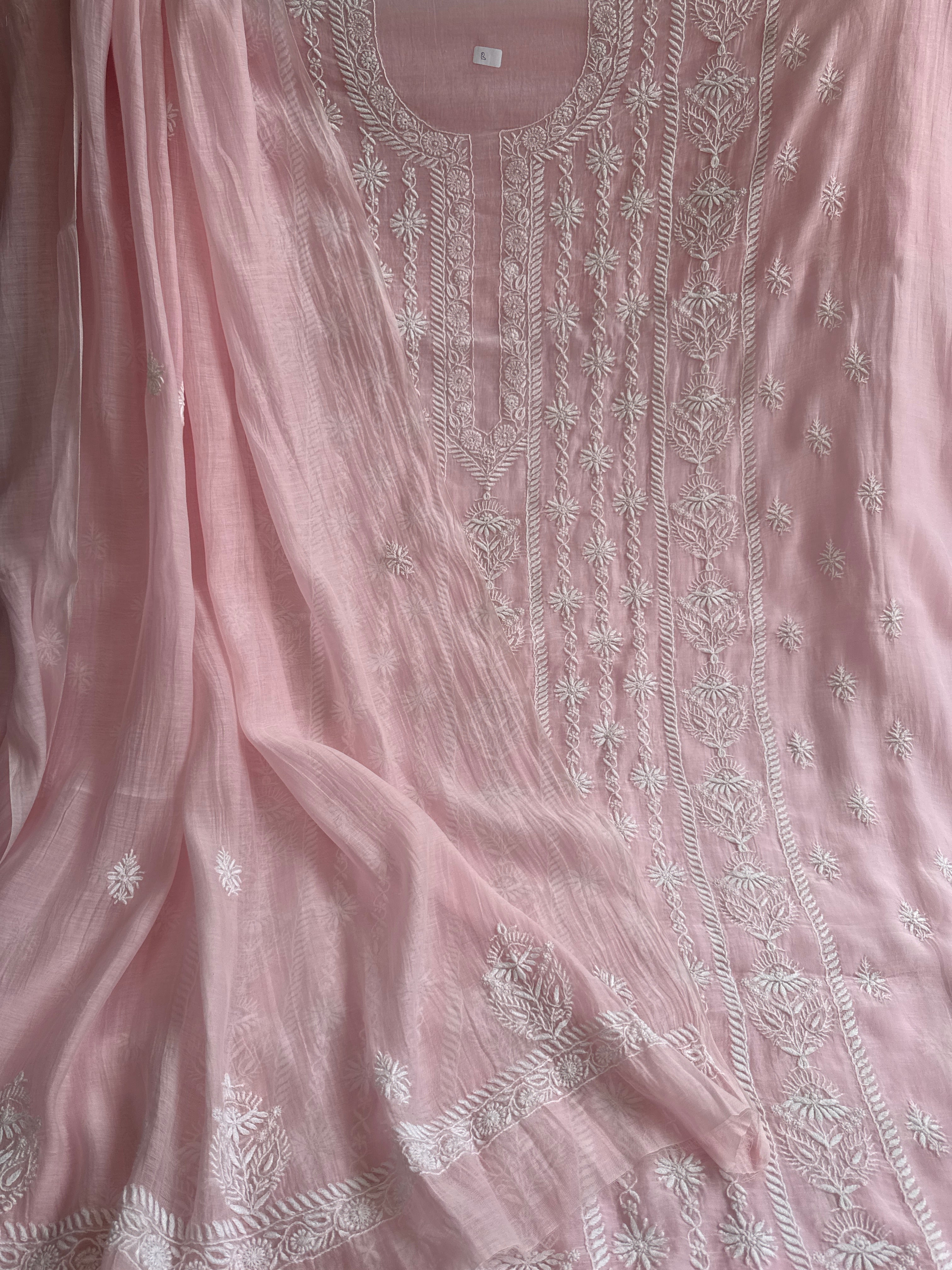 Mul Chanderi Chikankari Unstitched Length with Dupatta - Pink