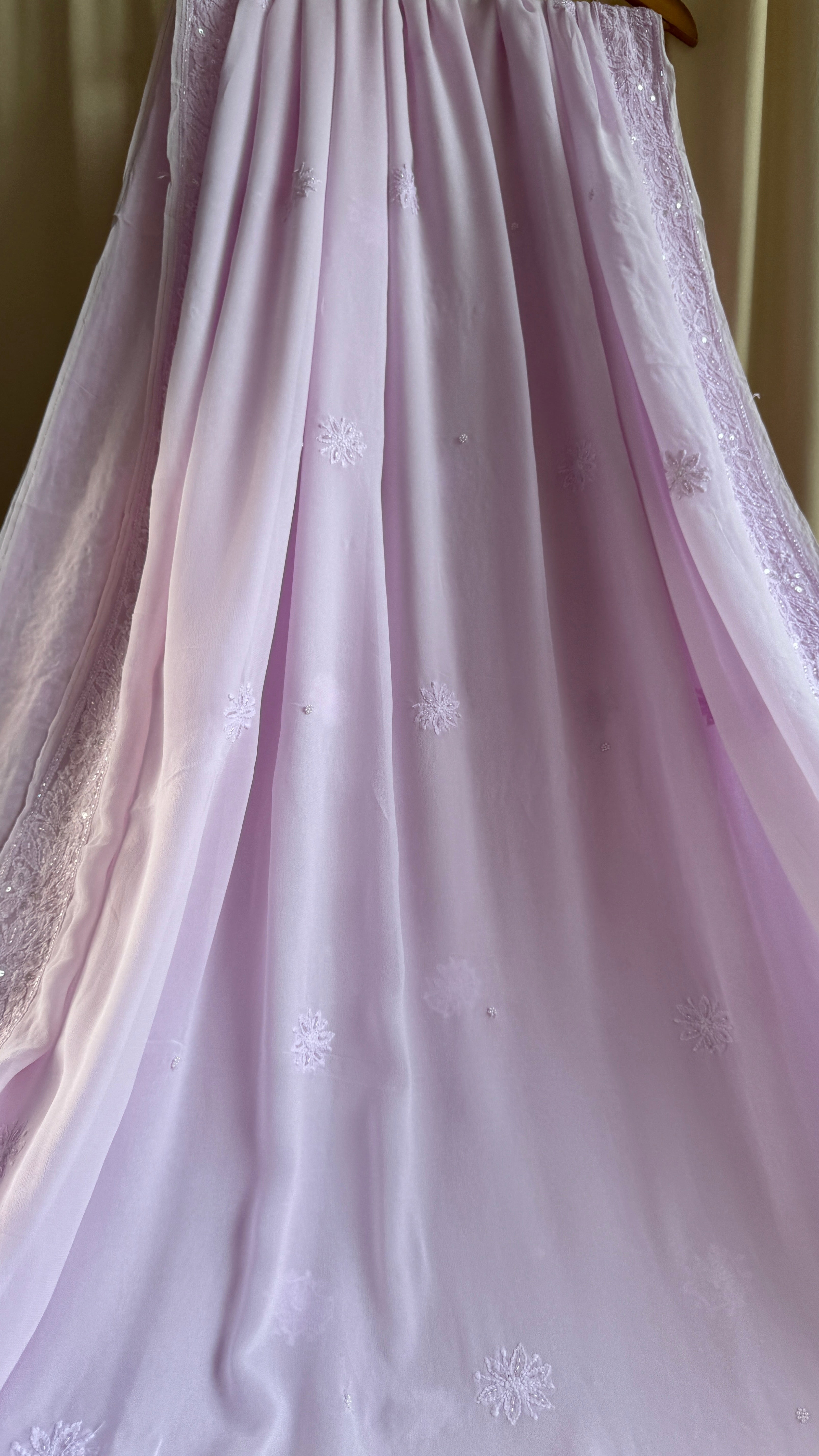 Viscose Lilac Chikankari saree with Pearl embellishments