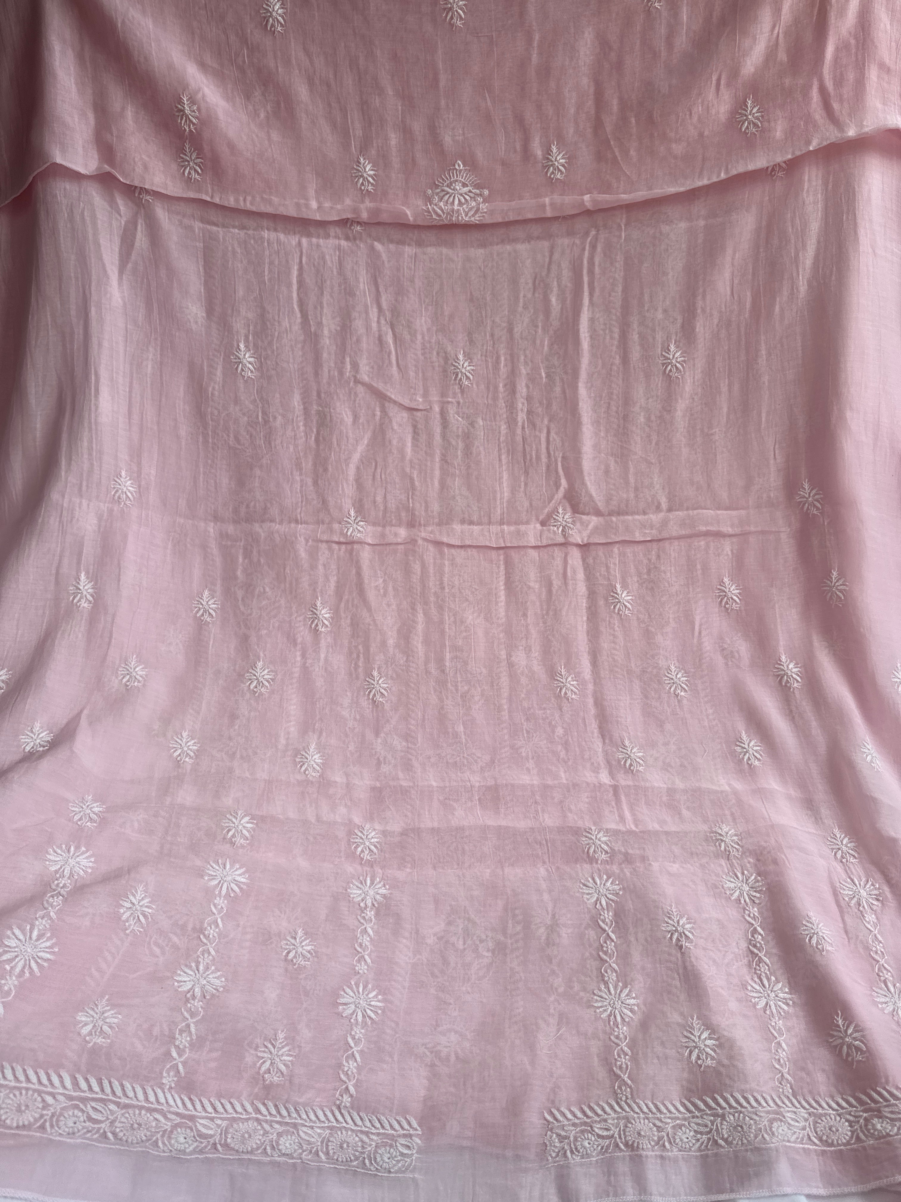 Mul Chanderi Chikankari Unstitched Length with Dupatta - Pink