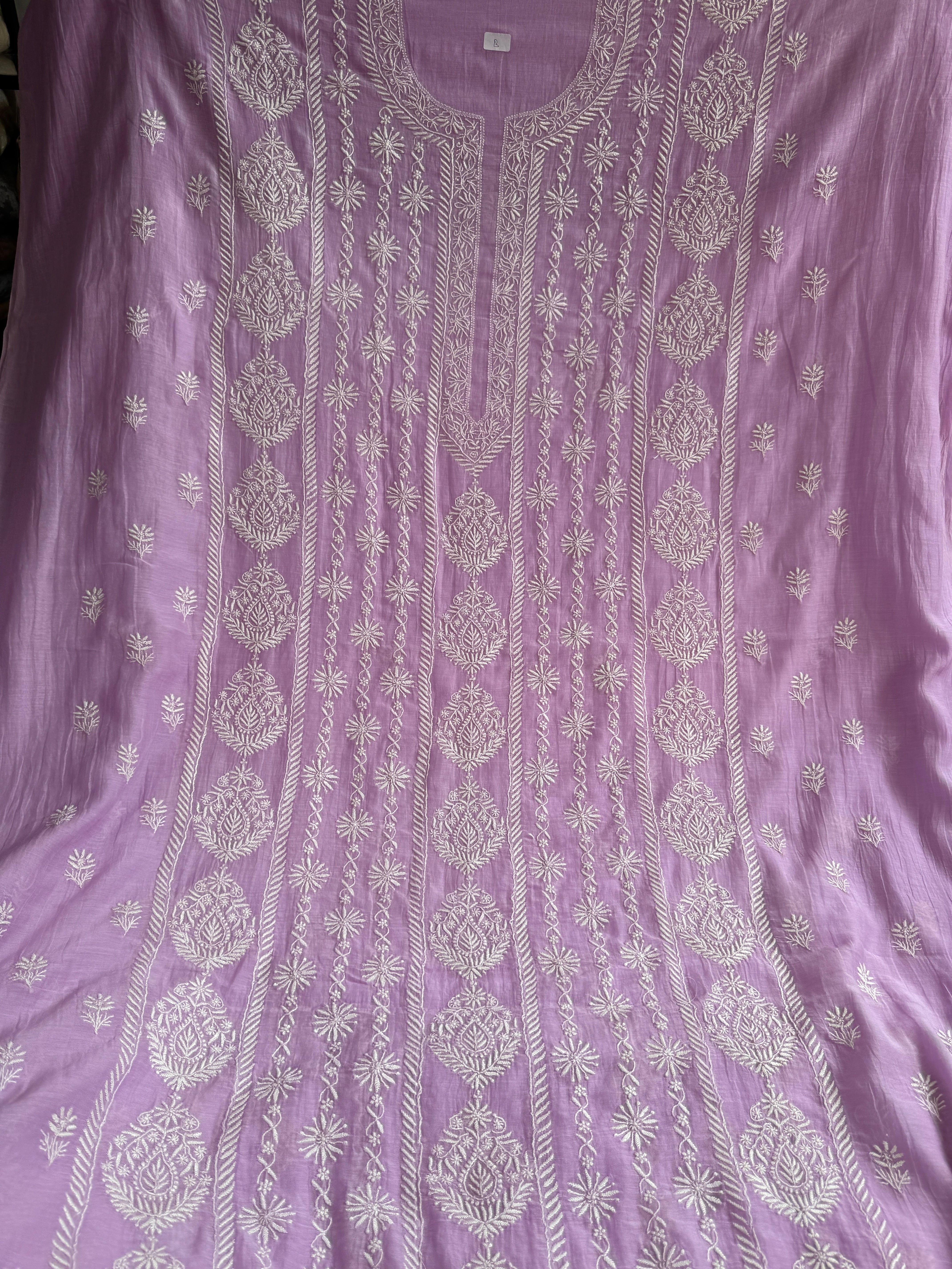 Mul Chanderi Chikankari Unstitched Length with Dupatta - Lilac