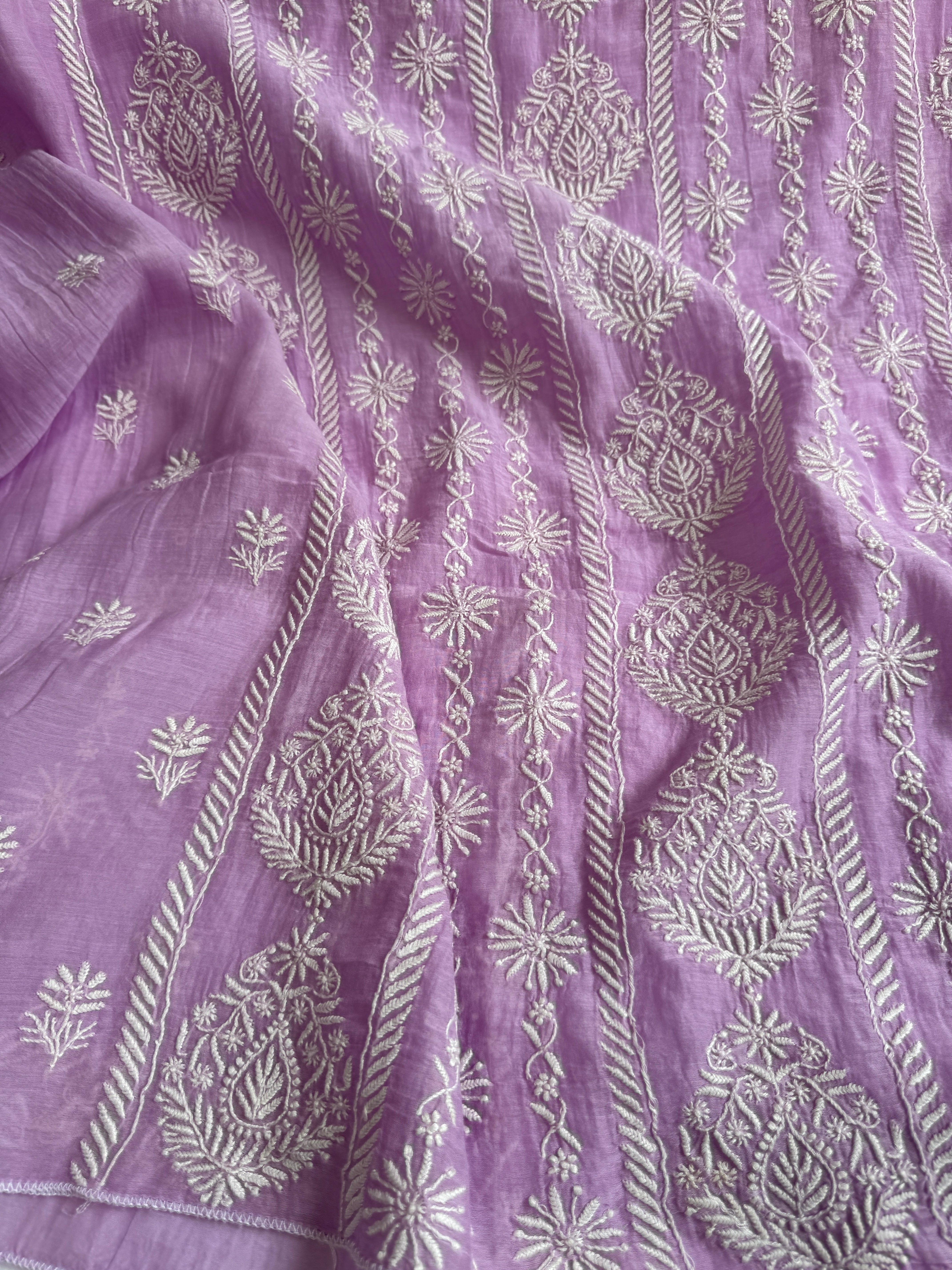 Mul Chanderi Chikankari Unstitched Length with Dupatta - Lilac