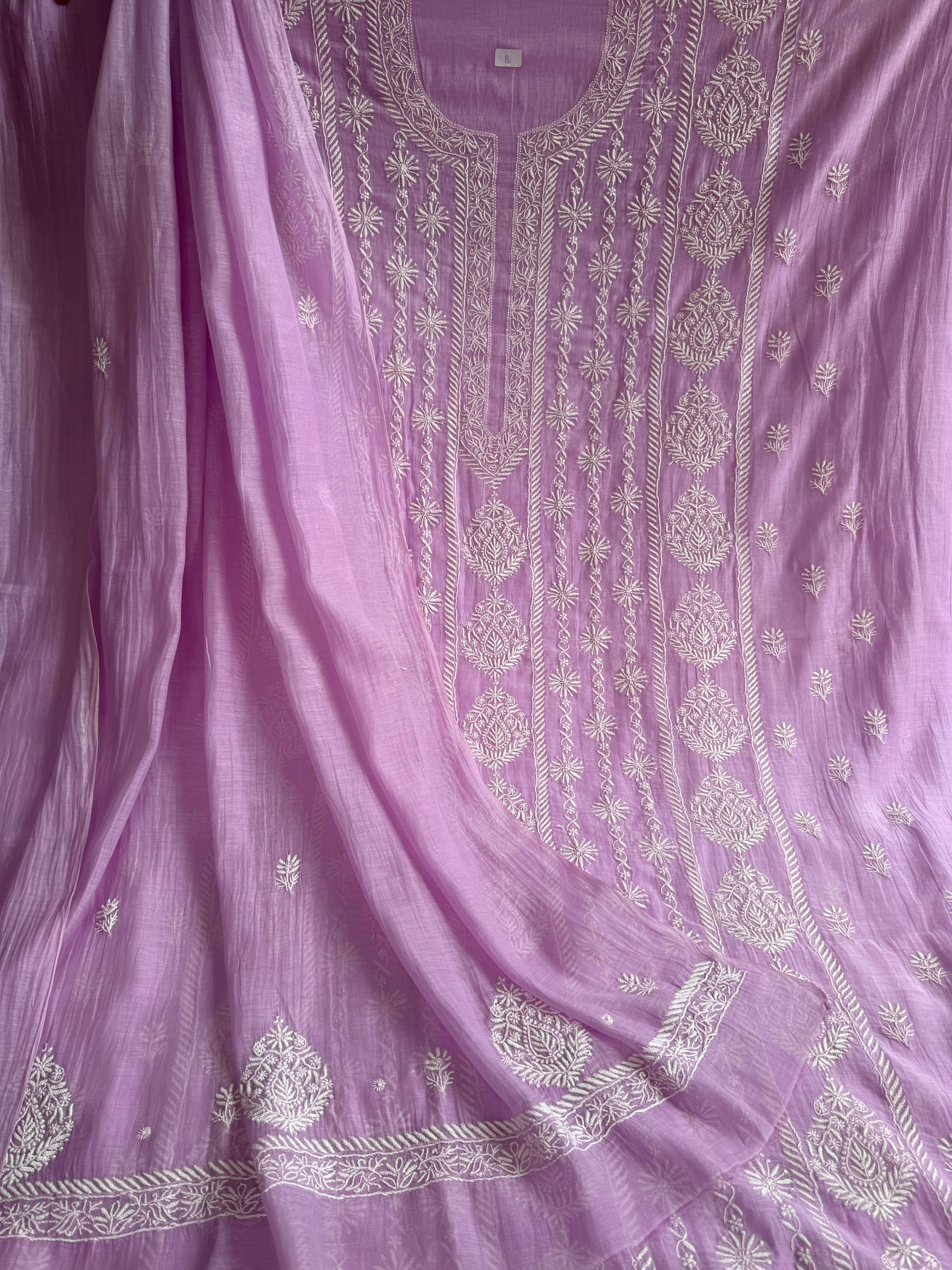 Mul Chanderi Chikankari Unstitched Length with Dupatta - Lilac