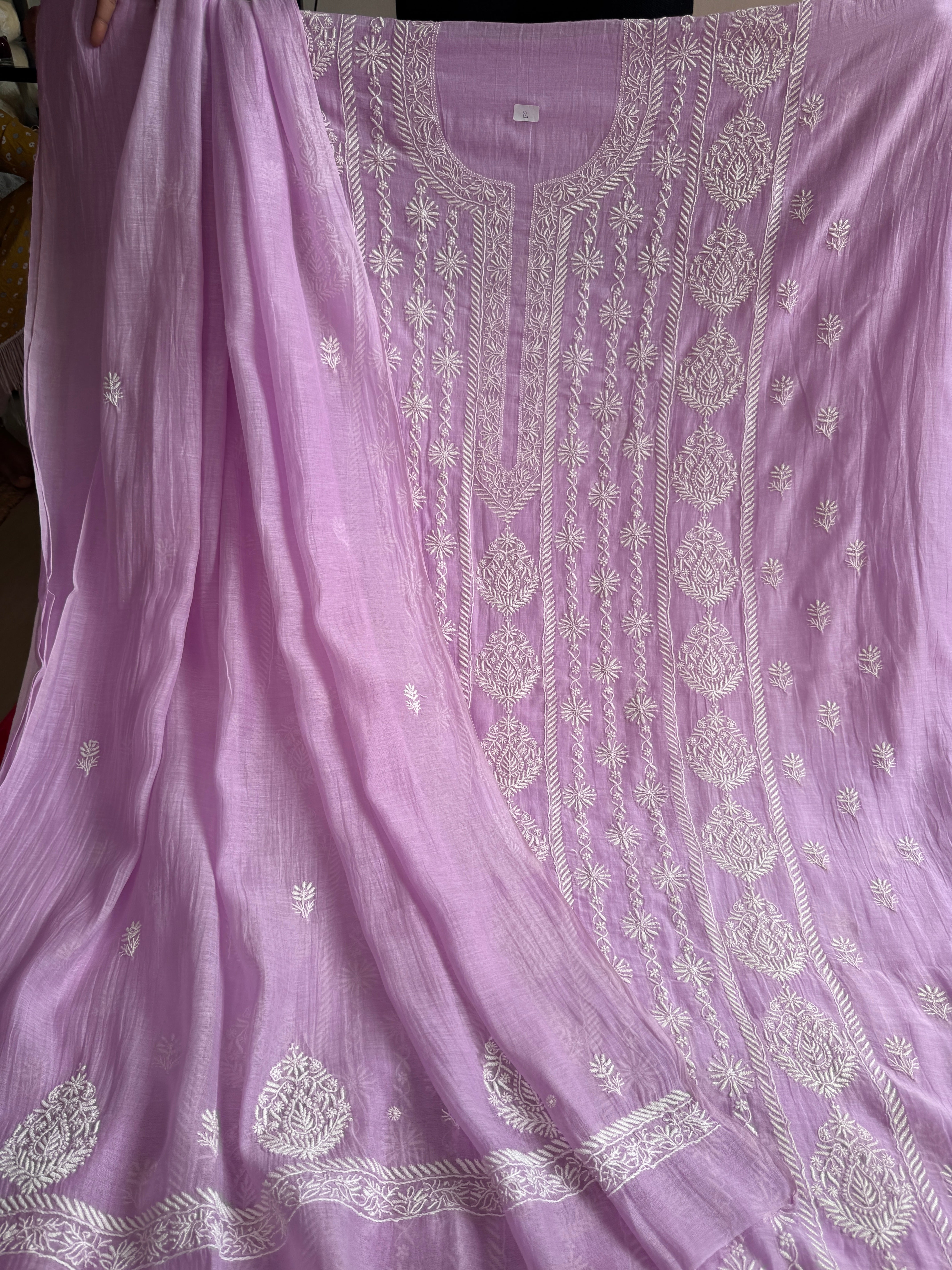 Mul Chanderi Chikankari Unstitched Length with Dupatta - Lilac