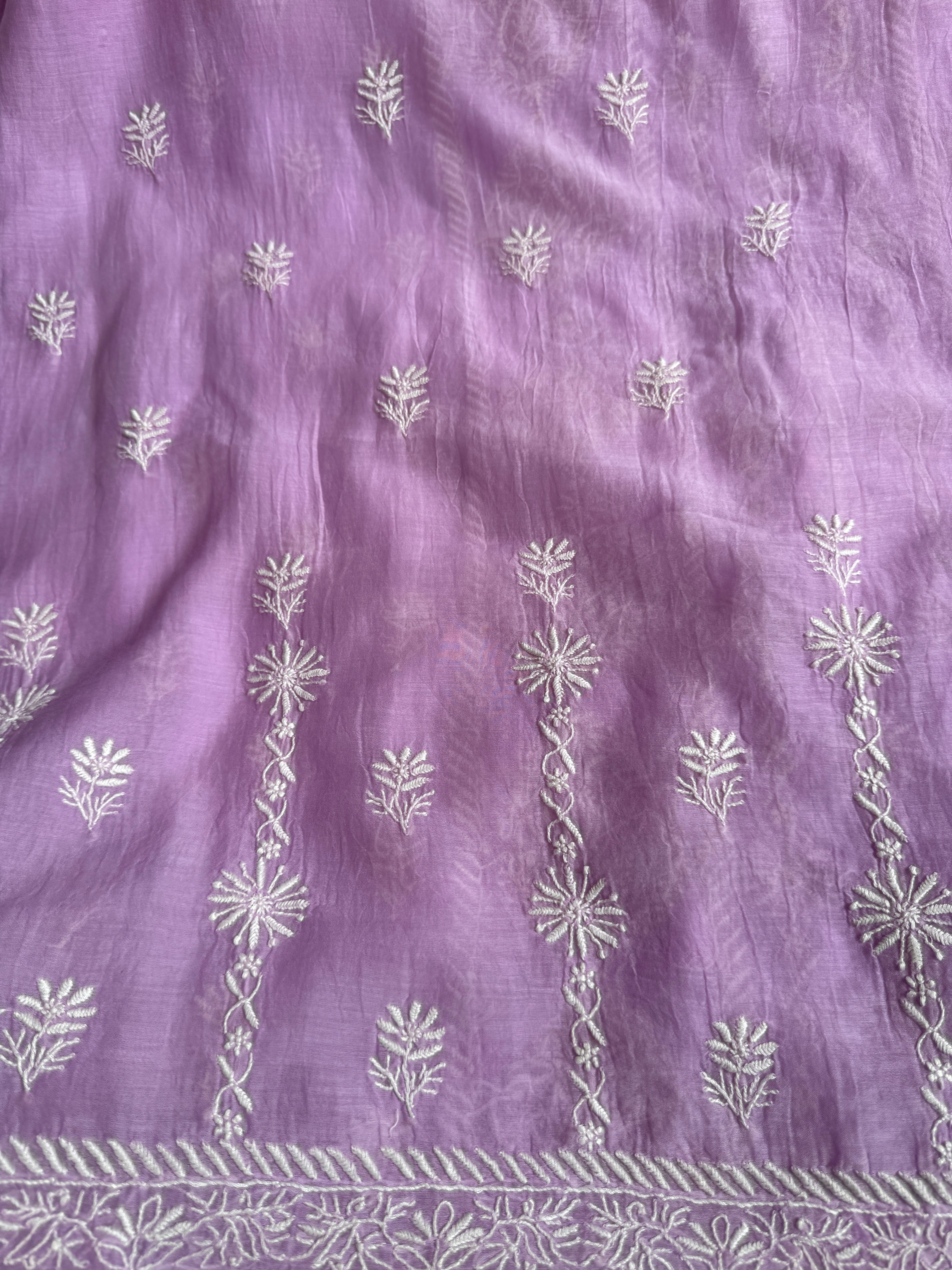 Mul Chanderi Chikankari Unstitched Length with Dupatta - Lilac