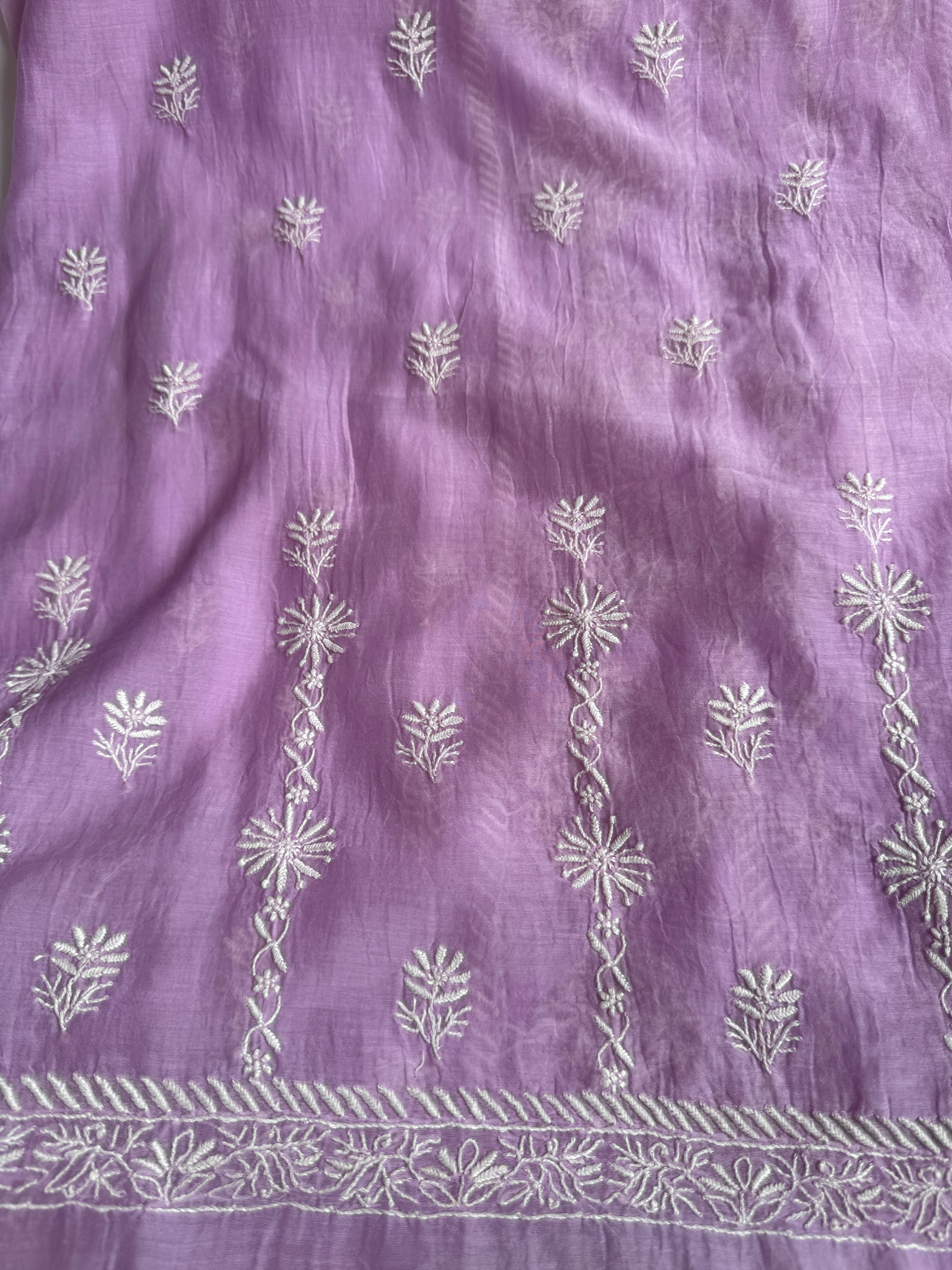 Mul Chanderi Chikankari Unstitched Length with Dupatta - Lilac
