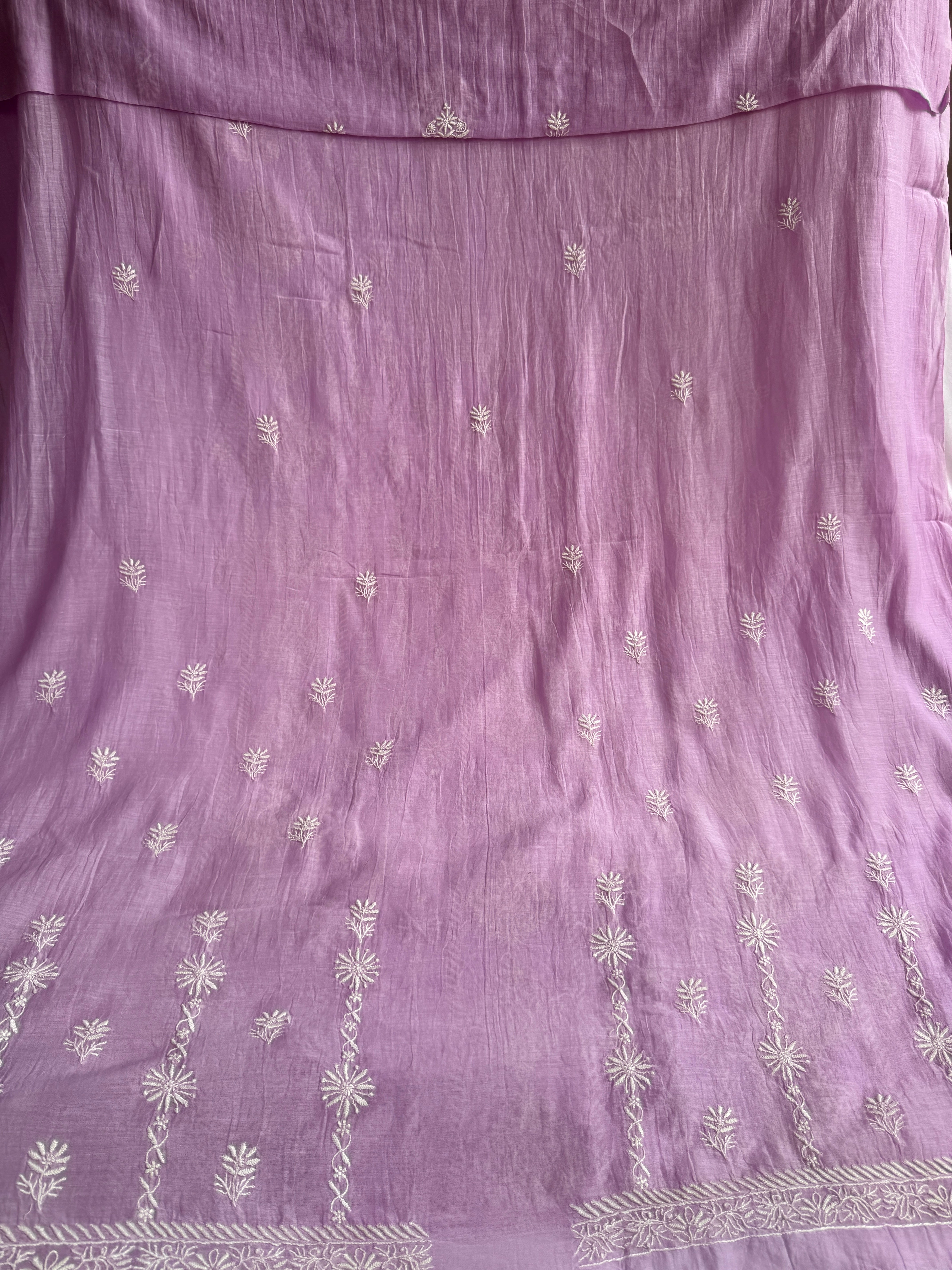 Mul Chanderi Chikankari Unstitched Length with Dupatta - Lilac
