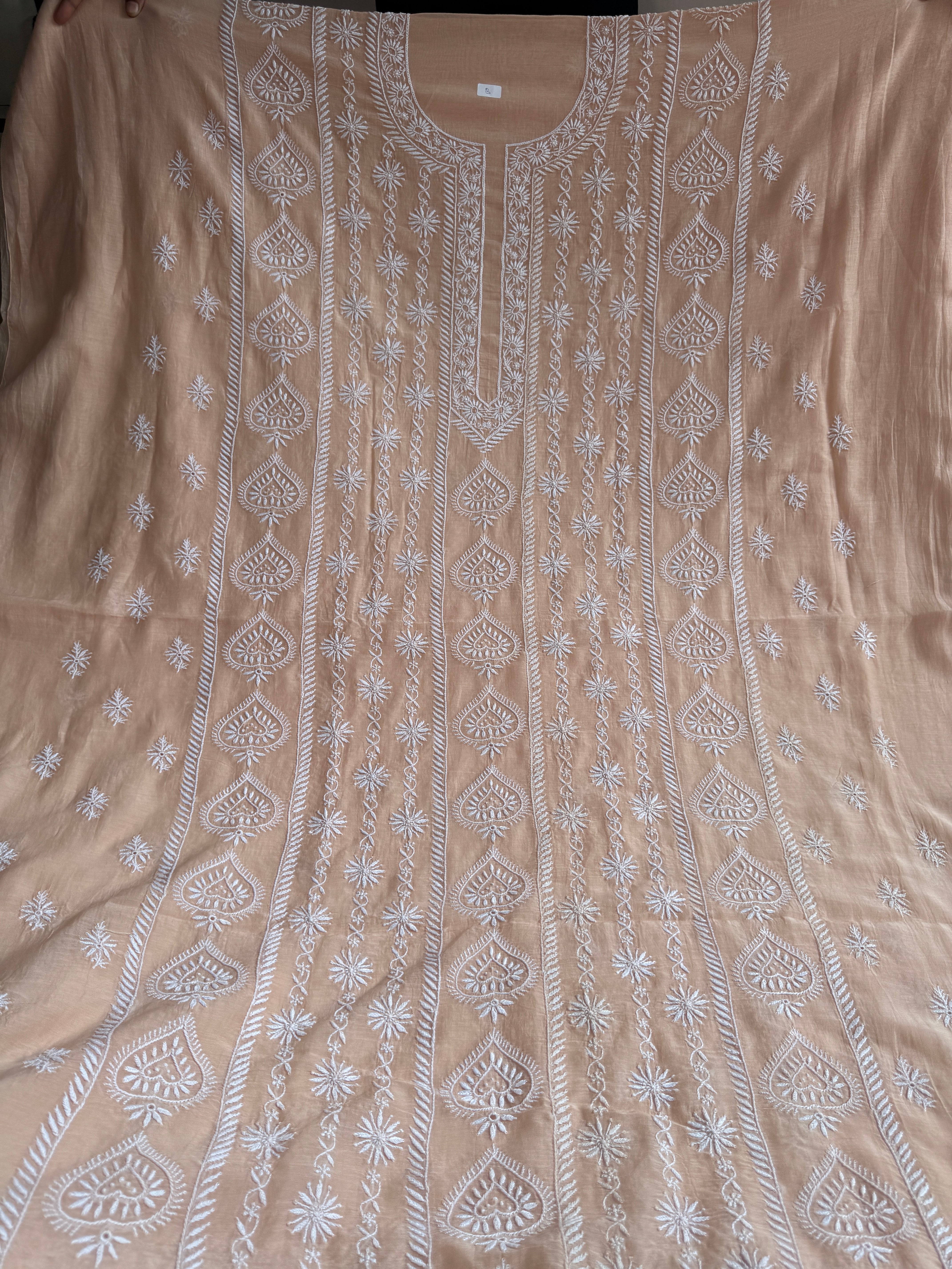Mul Chanderi Chikankari Unstitched Length with Dupatta - Beige