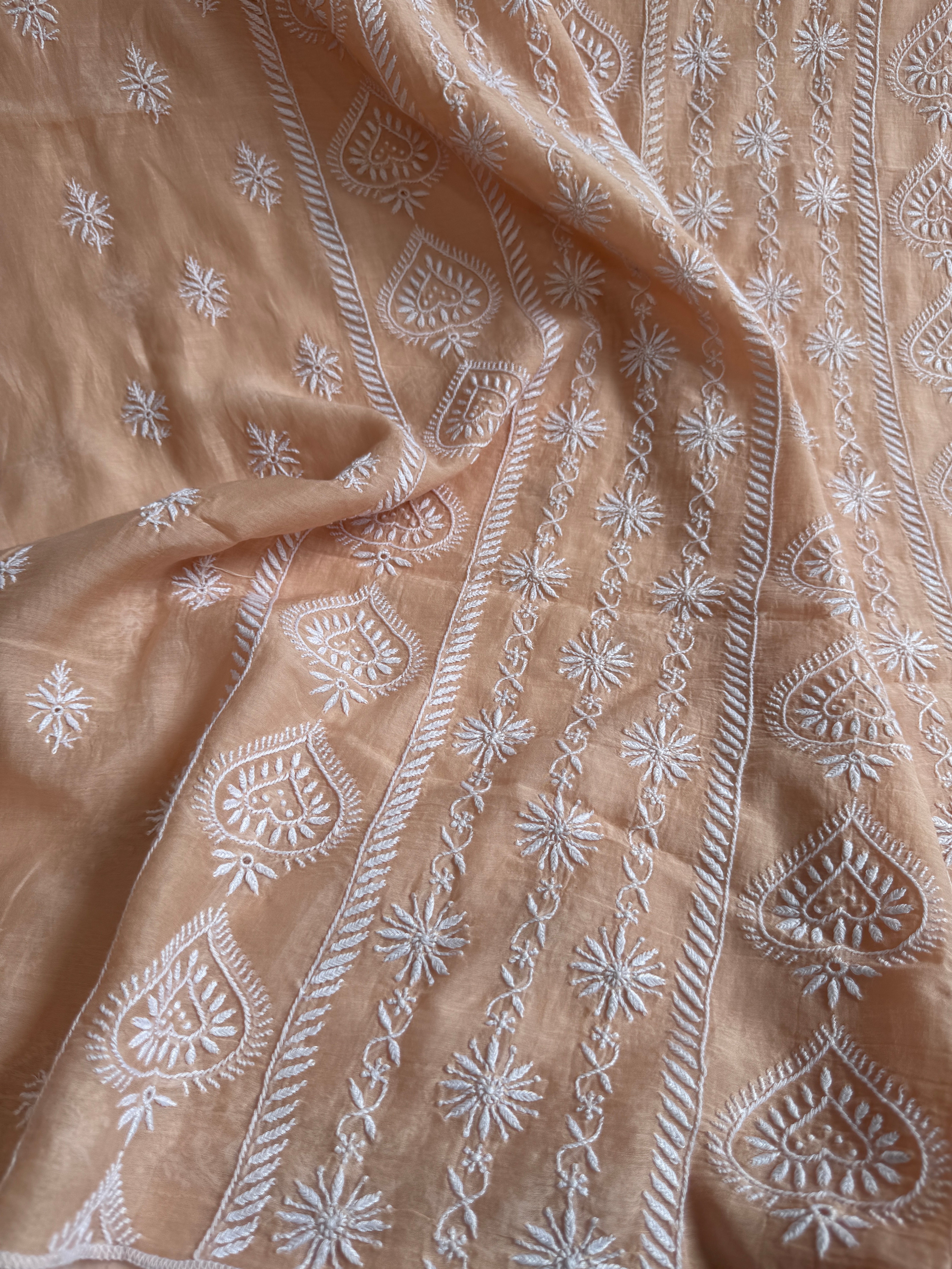 Mul Chanderi Chikankari Unstitched Length with Dupatta - Beige