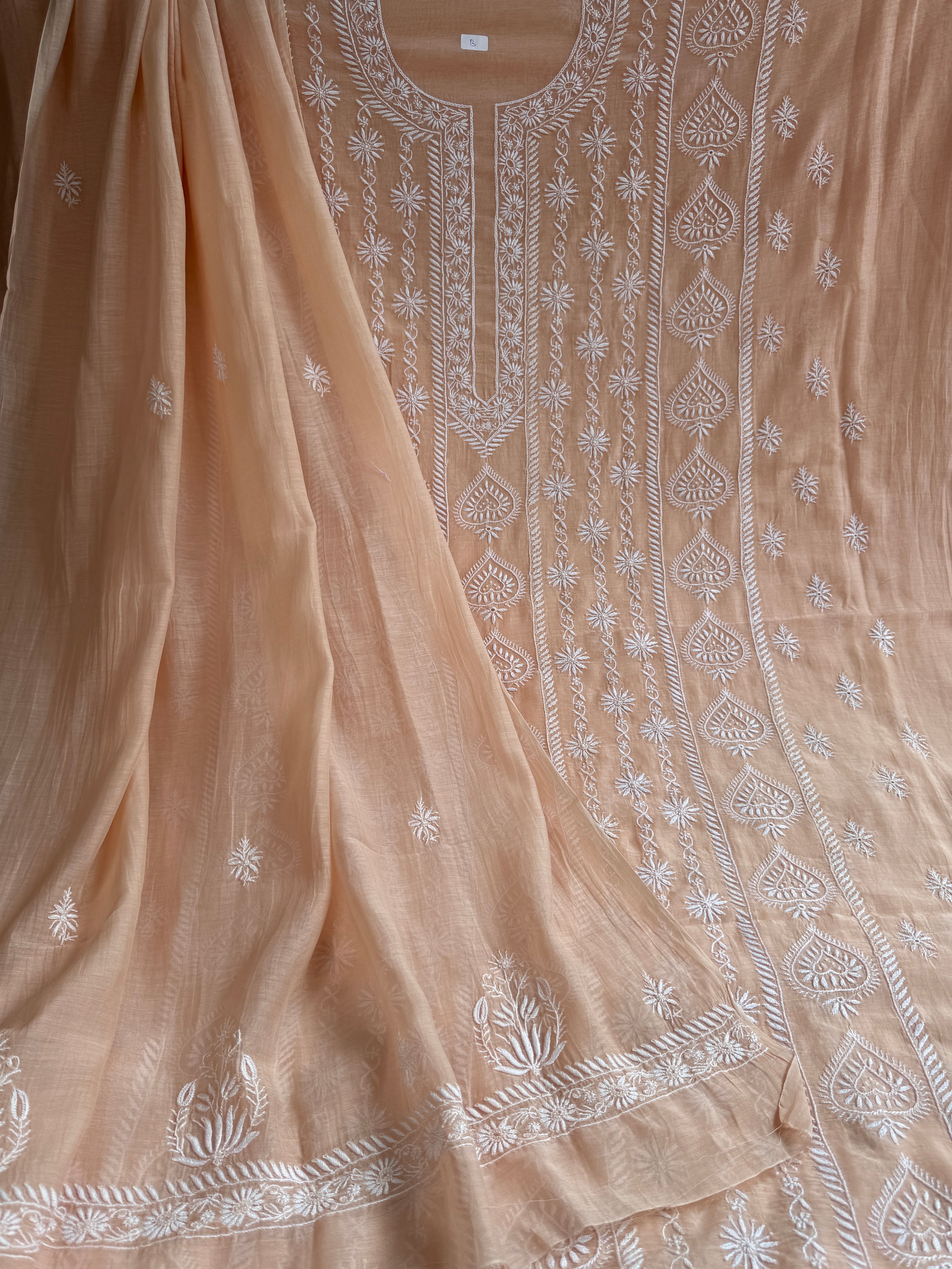 Mul Chanderi Chikankari Unstitched Length with Dupatta - Beige
