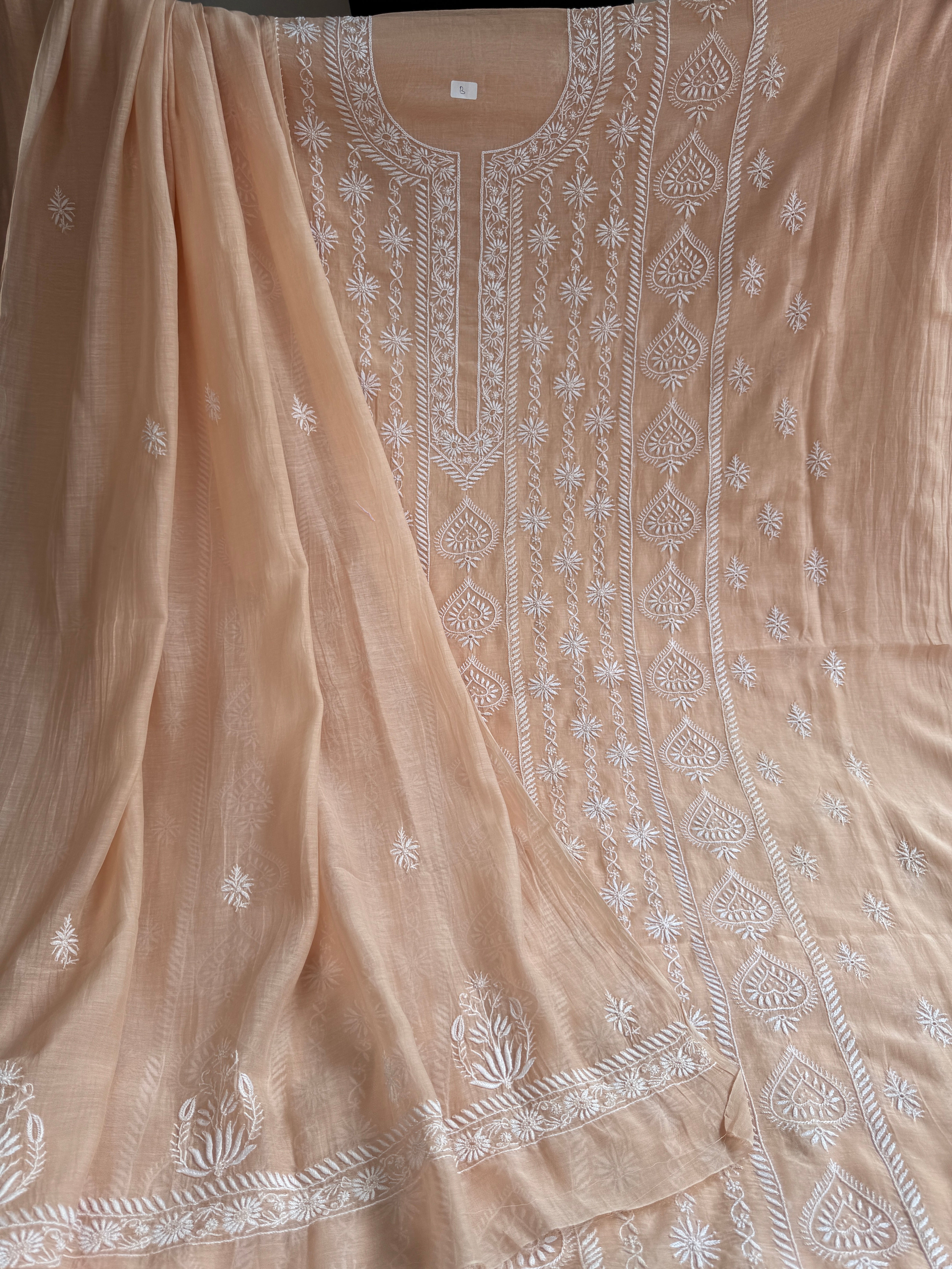 Mul Chanderi Chikankari Unstitched Length with Dupatta - Beige