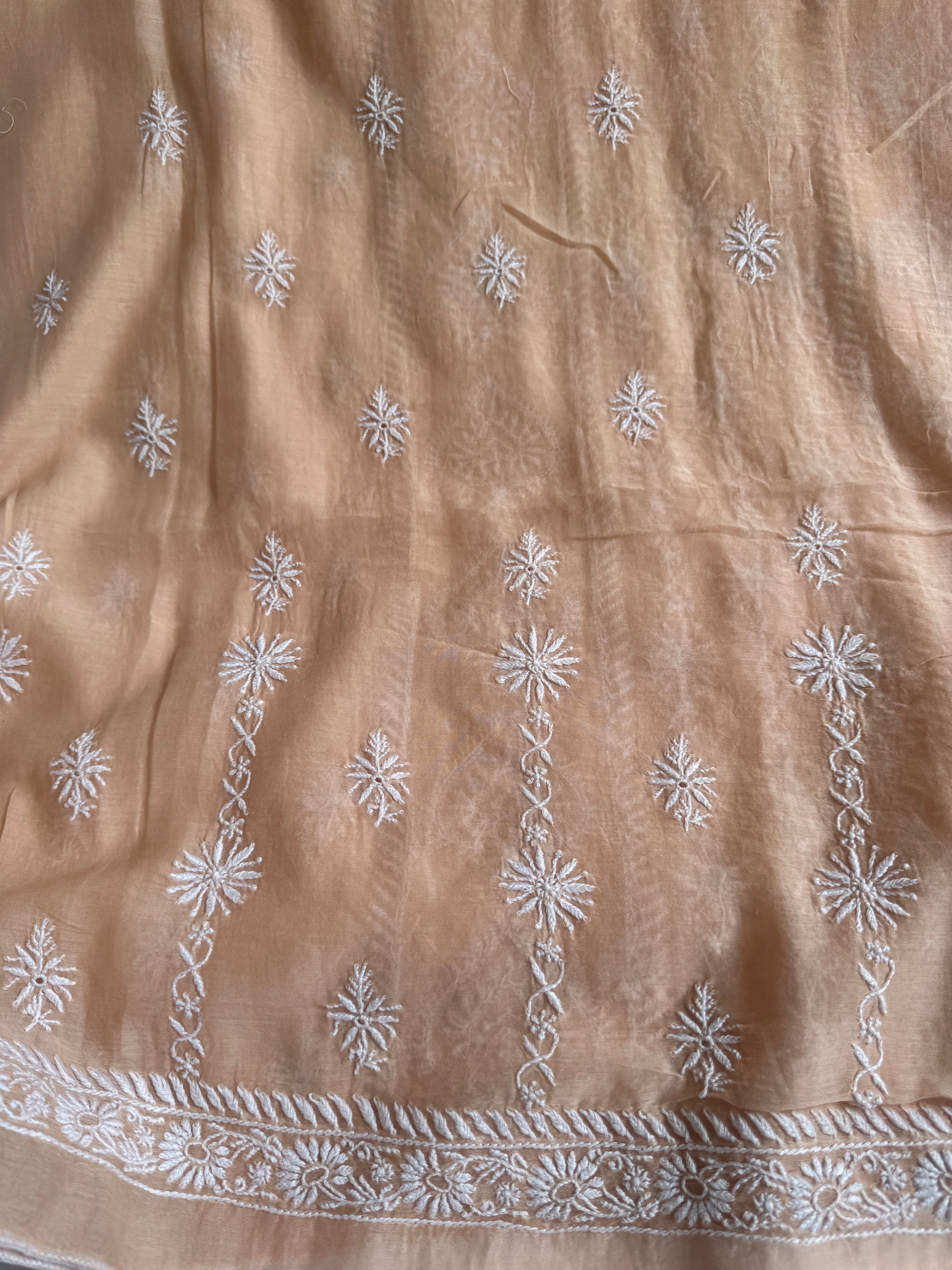 Mul Chanderi Chikankari Unstitched Length with Dupatta - Beige