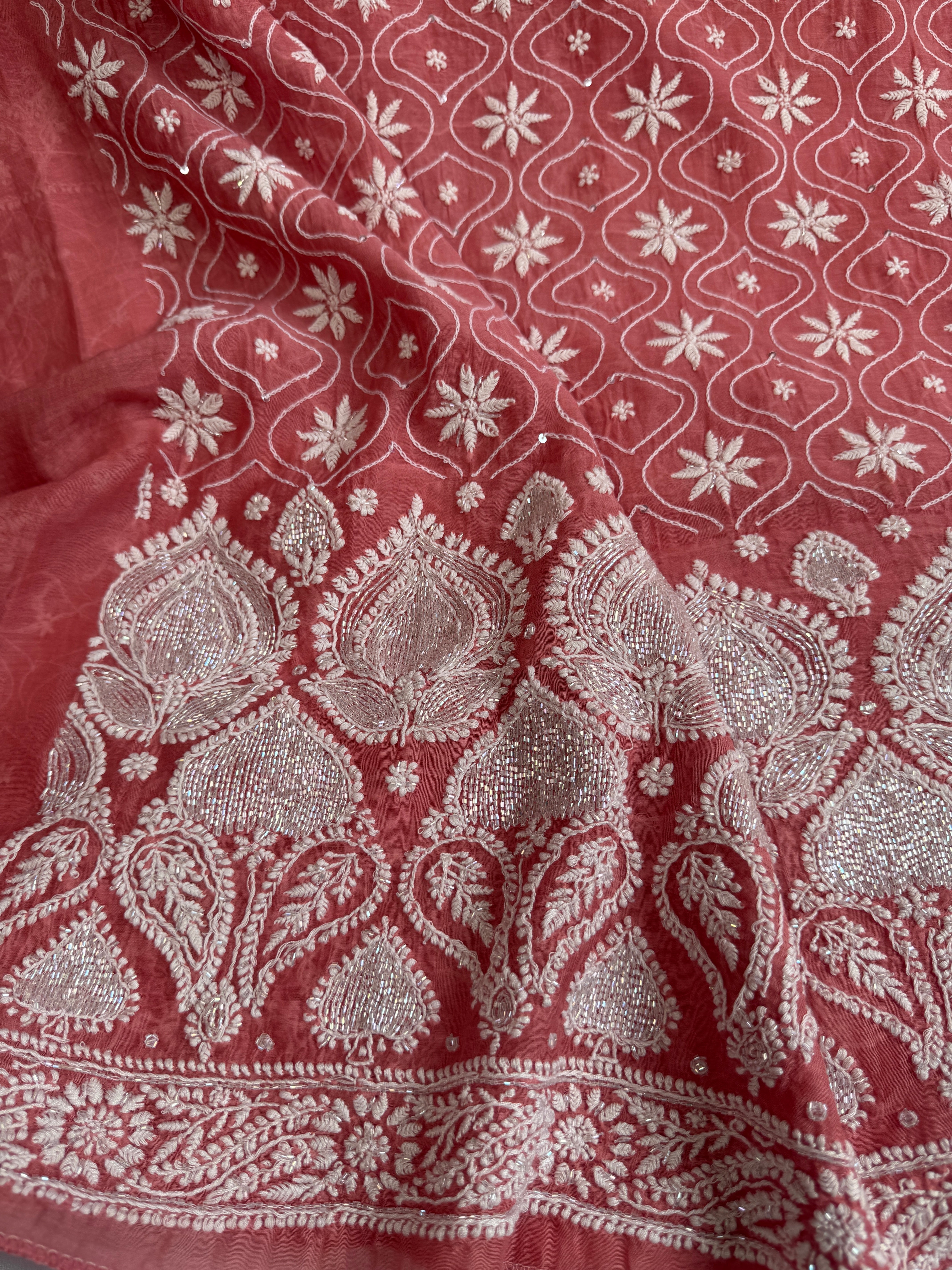 Mul Chanderi Chikankari - Unstitched Set - Rosewood