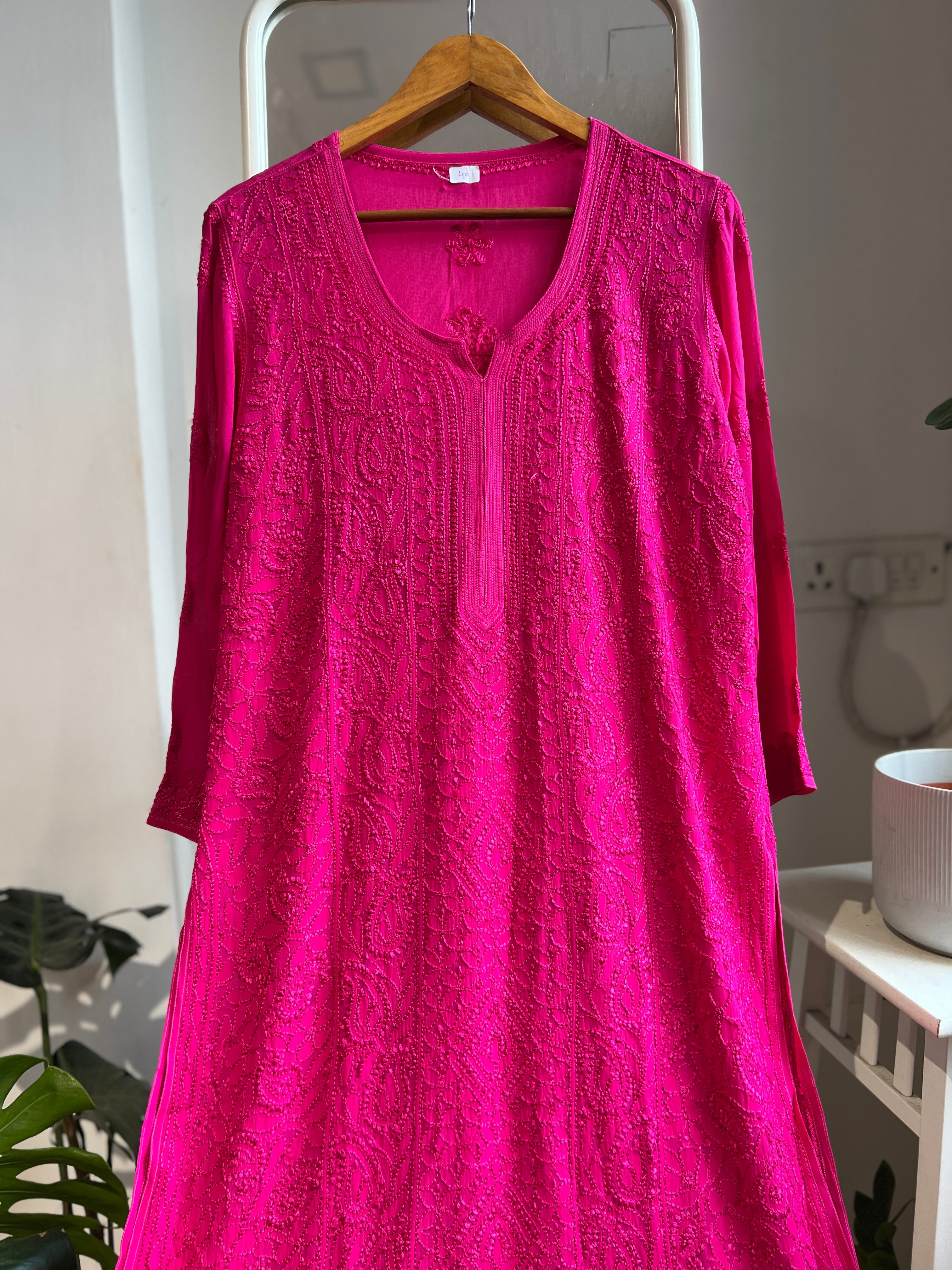 Viscose Chikankari Kurti - Hot Pink