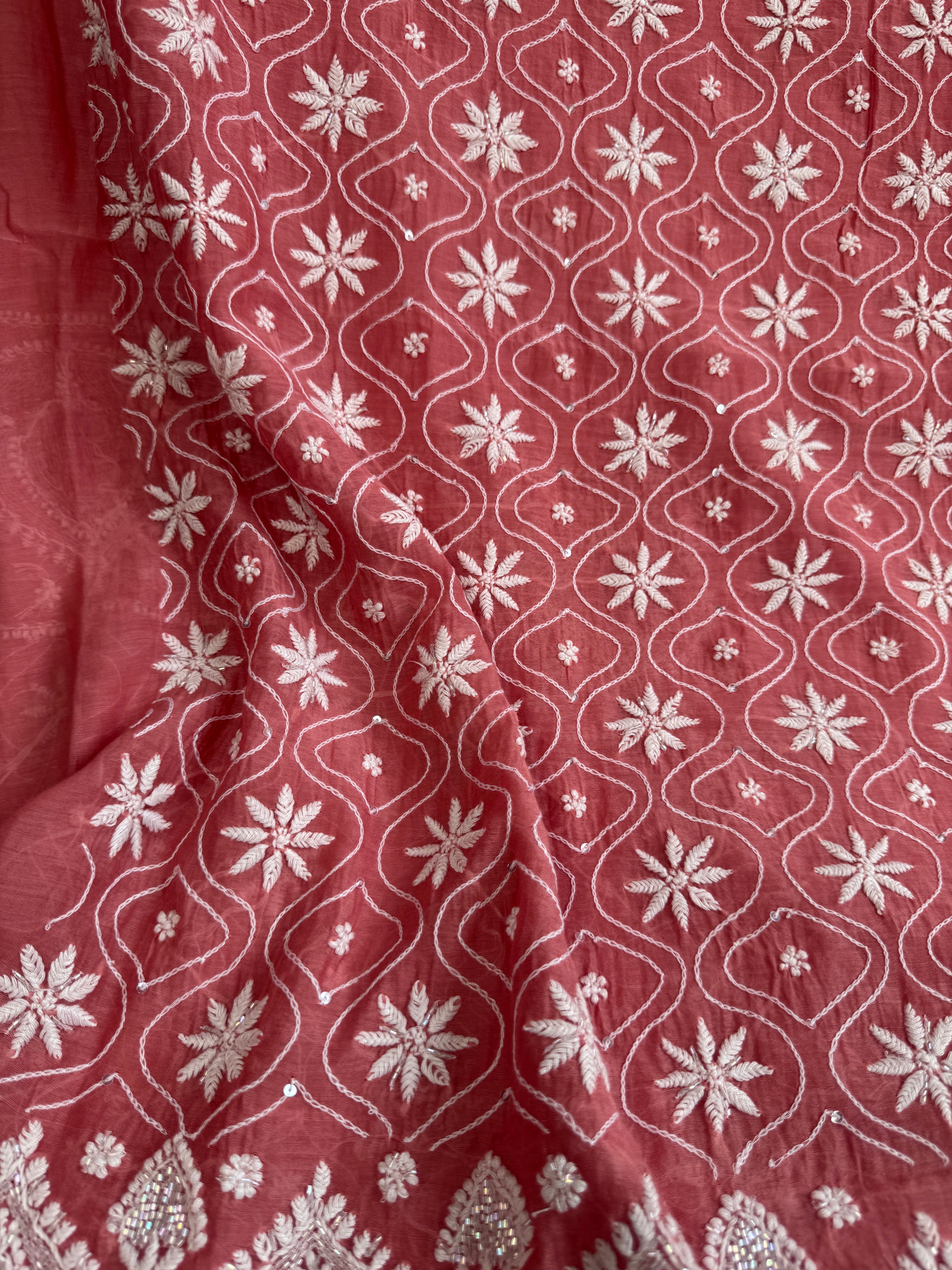 Mul Chanderi Chikankari - Unstitched Set - Rosewood