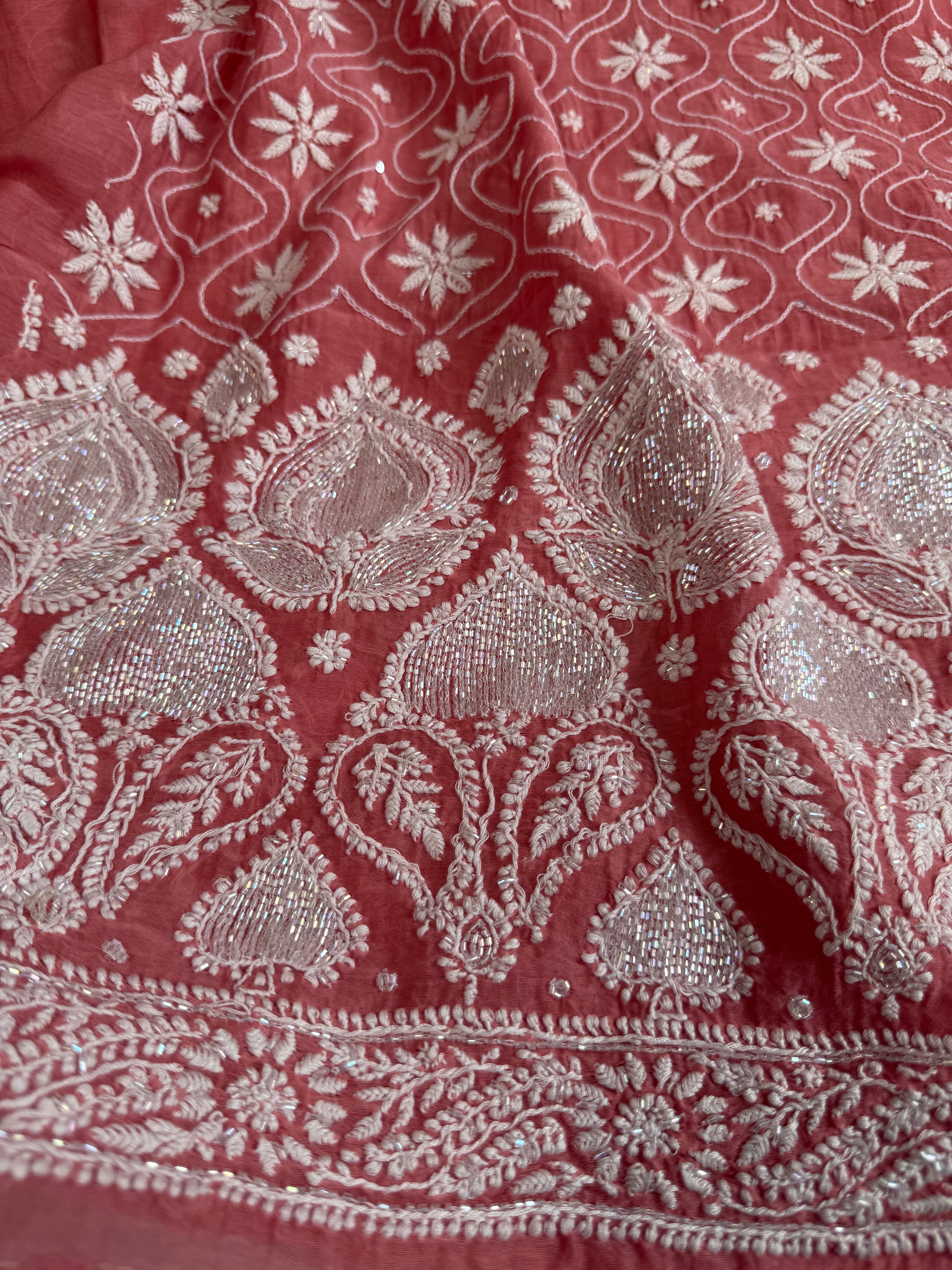 Mul Chanderi Chikankari - Unstitched Set - Rosewood