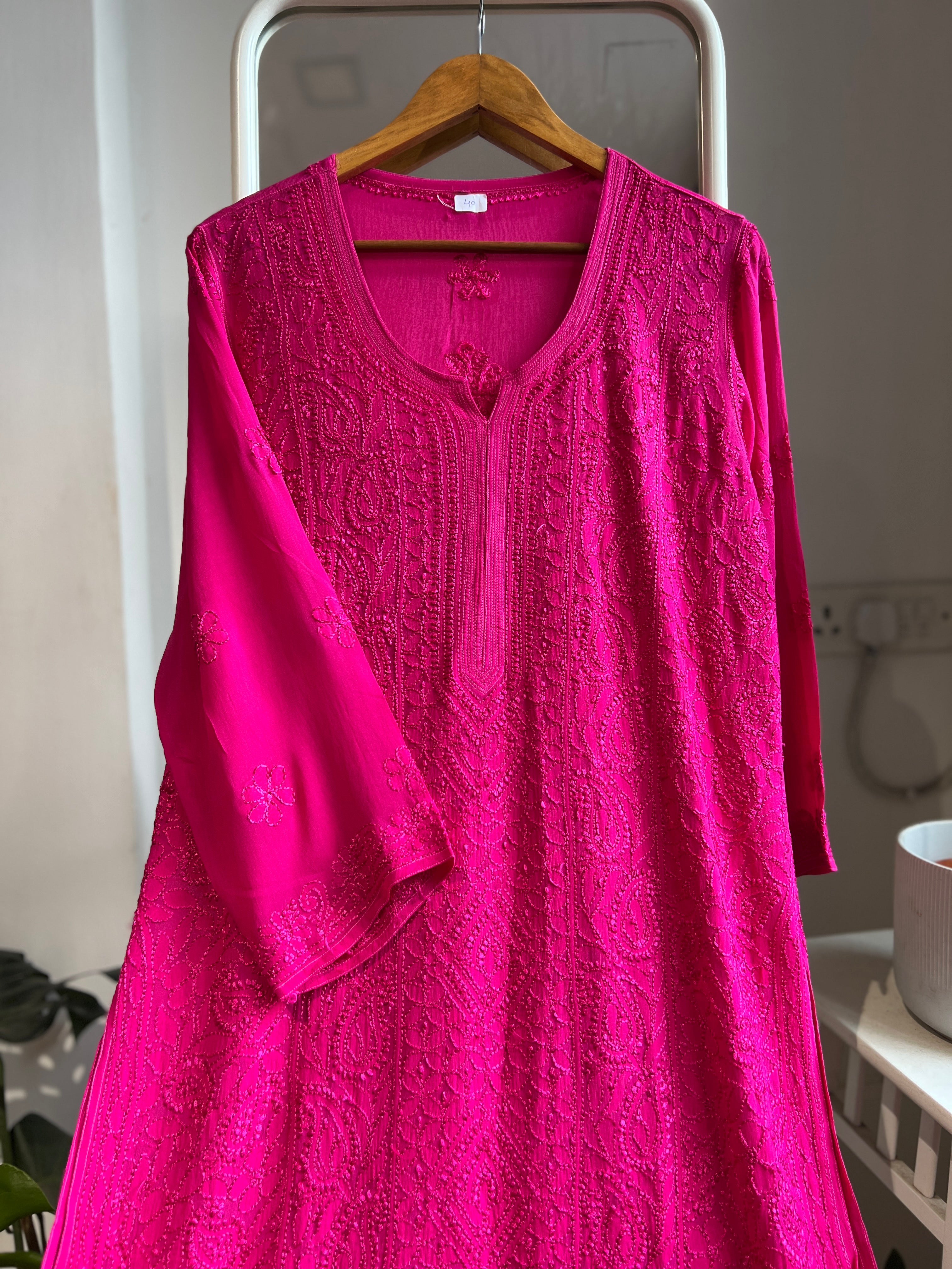 Viscose Chikankari Kurti - Hot Pink