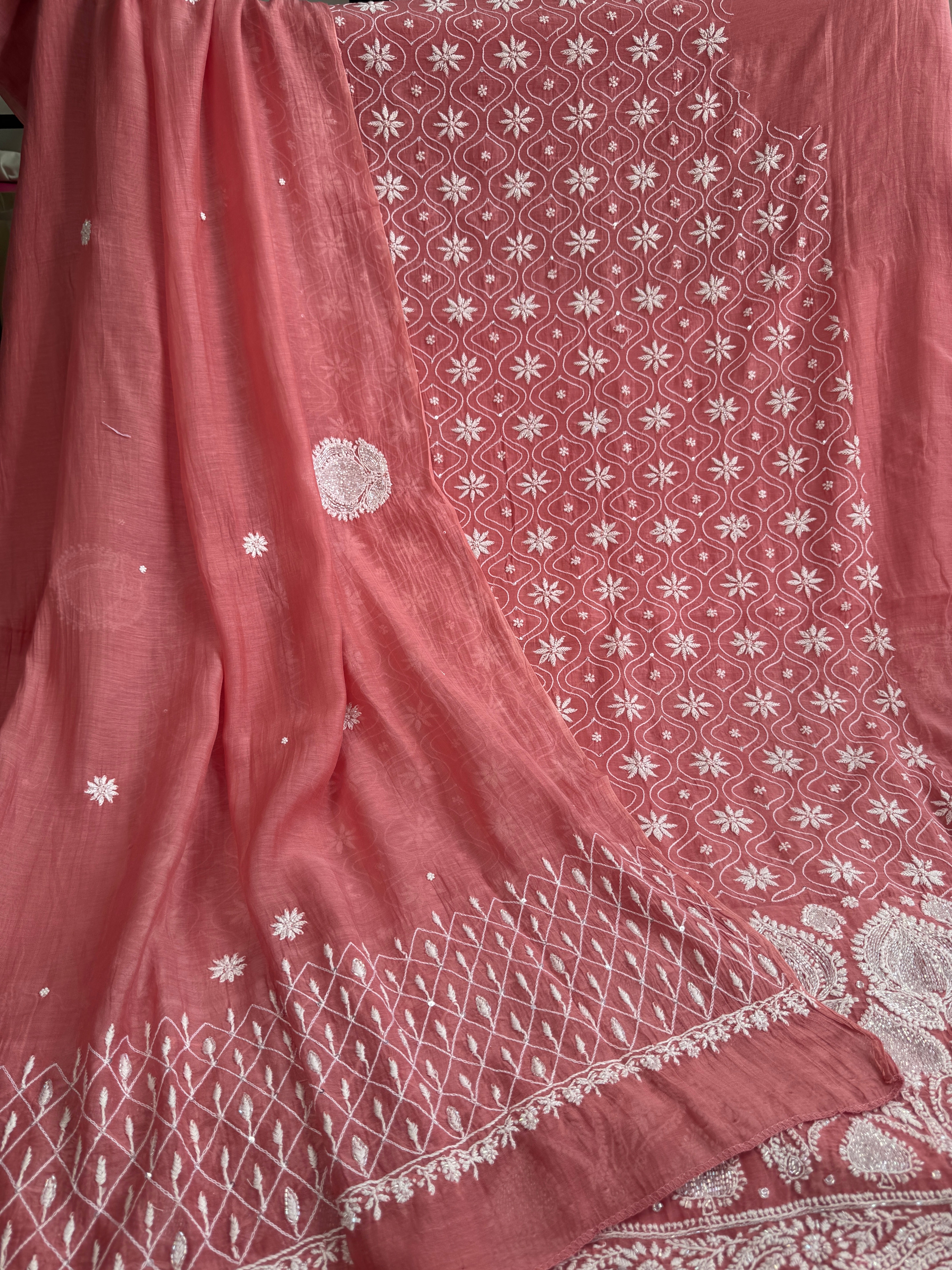 Mul Chanderi Chikankari - Unstitched Set - Rosewood