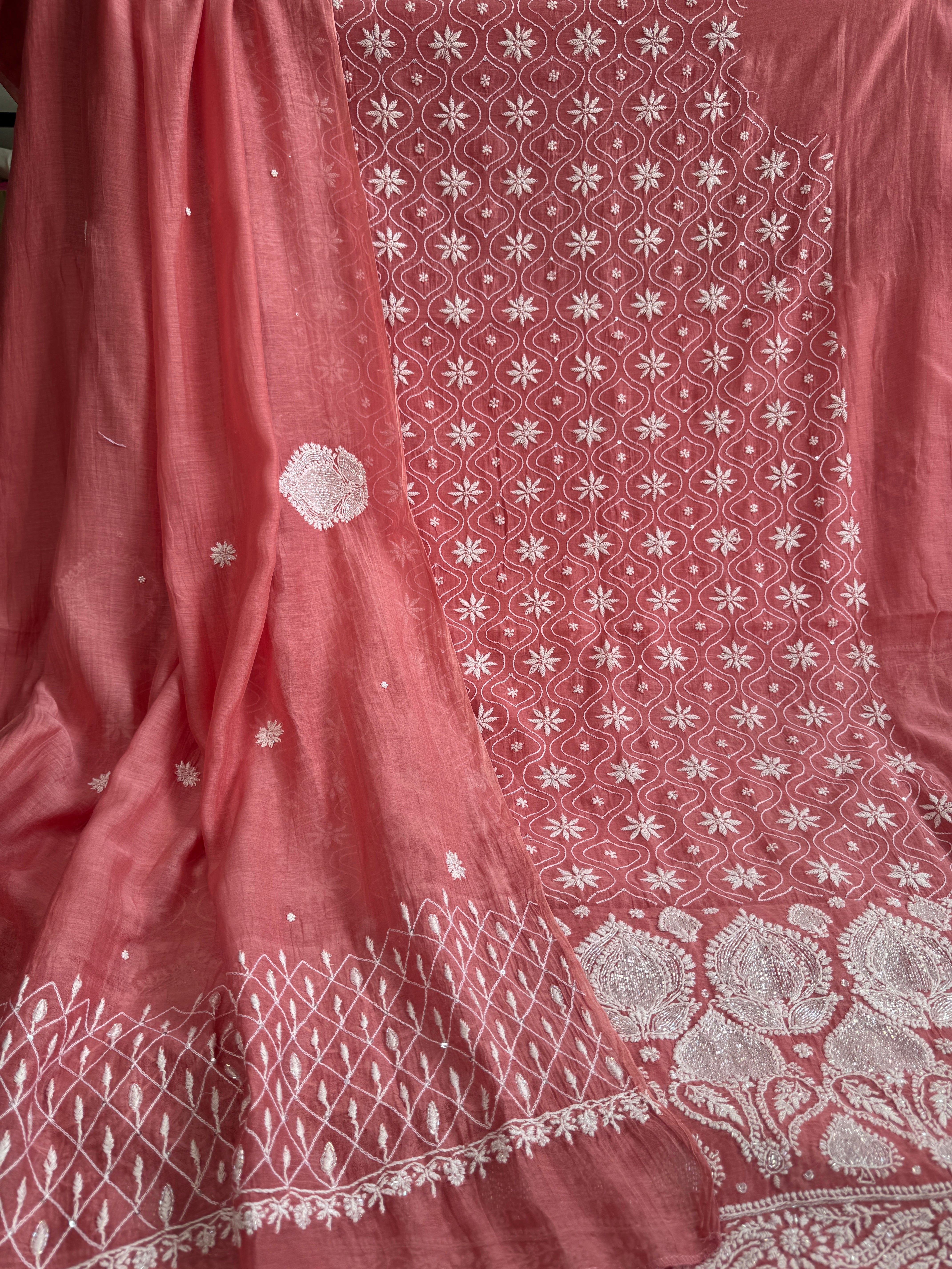 Mul Chanderi Chikankari - Unstitched Set - Rosewood