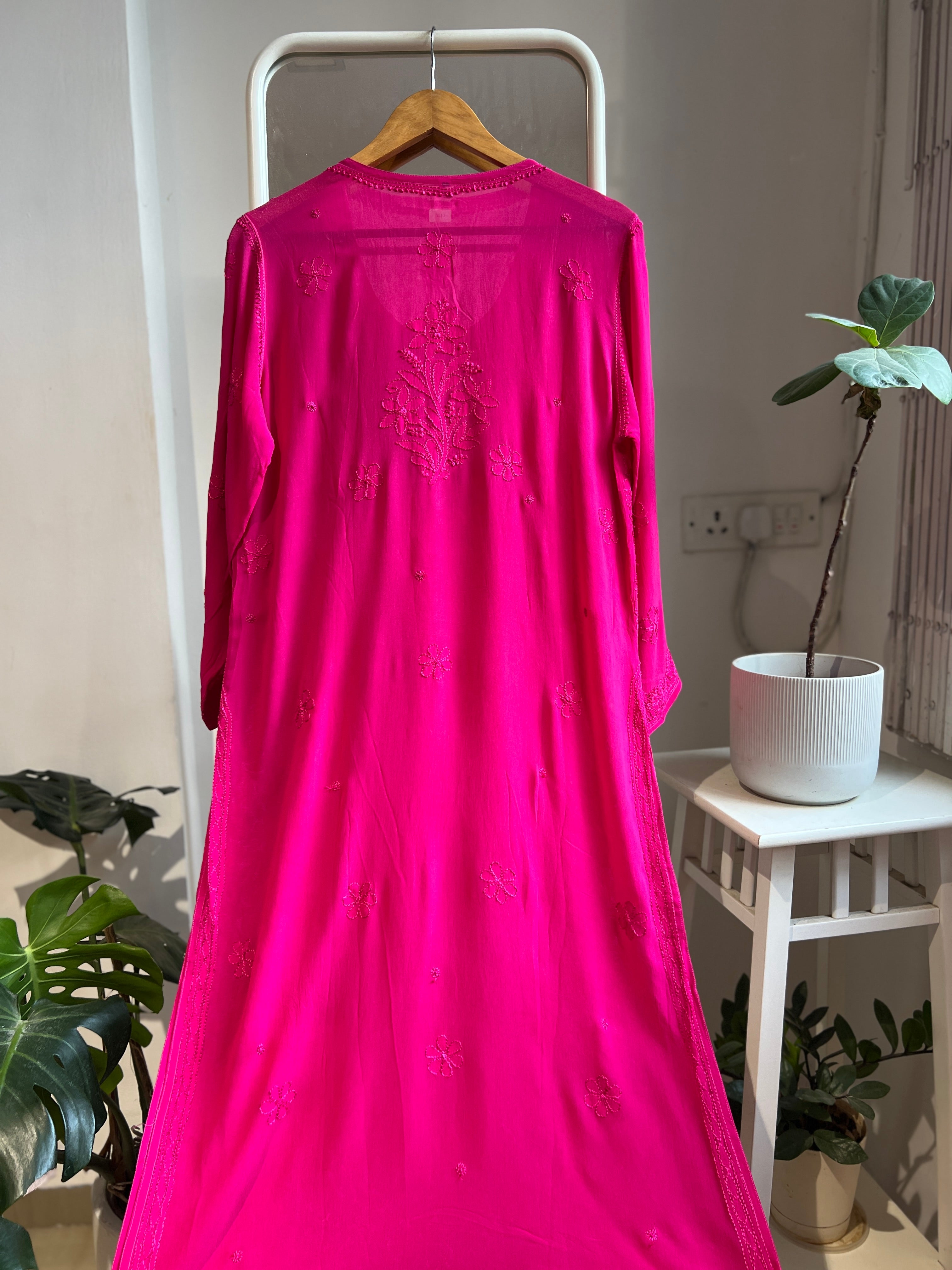 Viscose Chikankari Kurti - Hot Pink