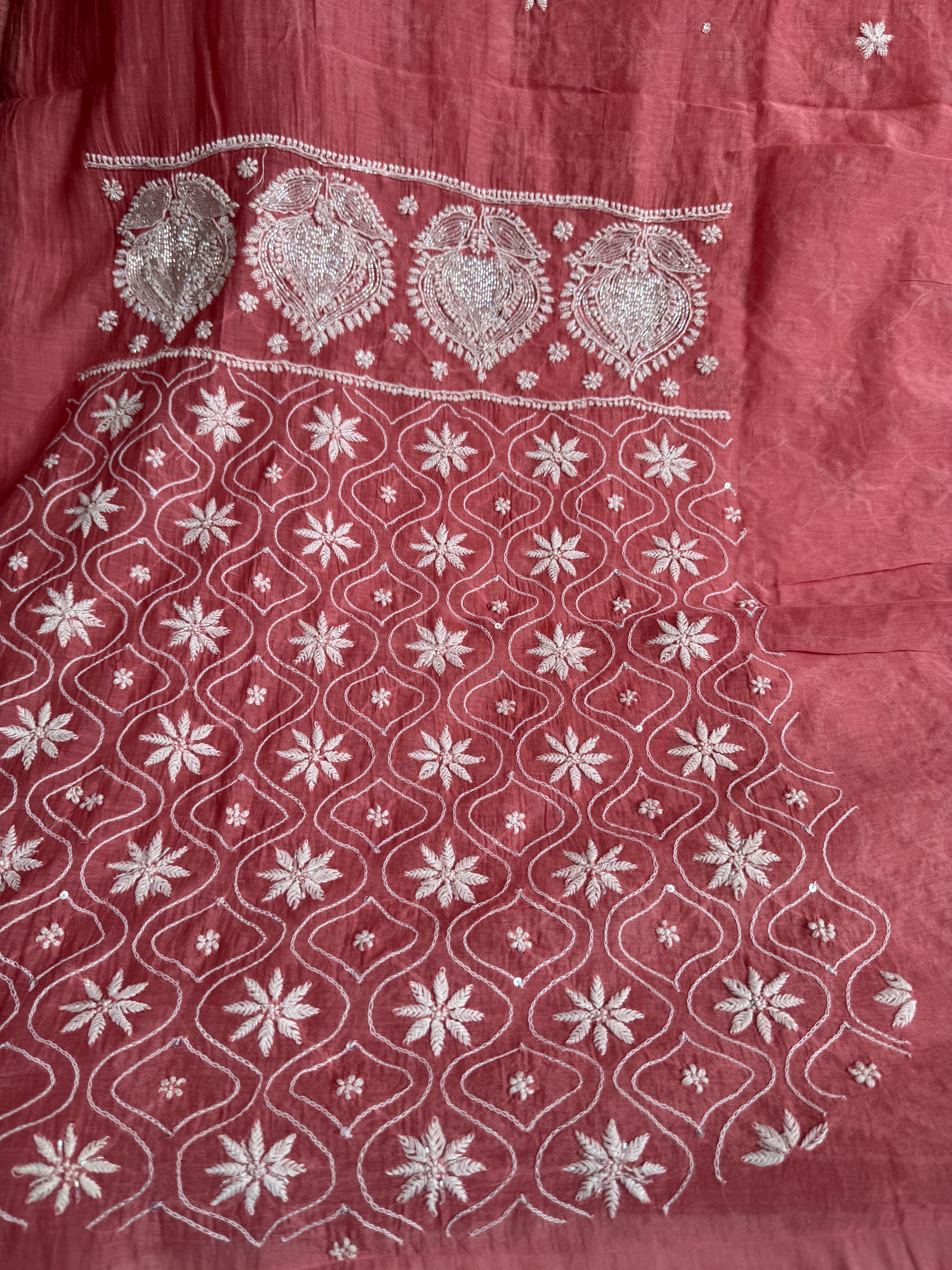 Mul Chanderi Chikankari - Unstitched Set - Rosewood