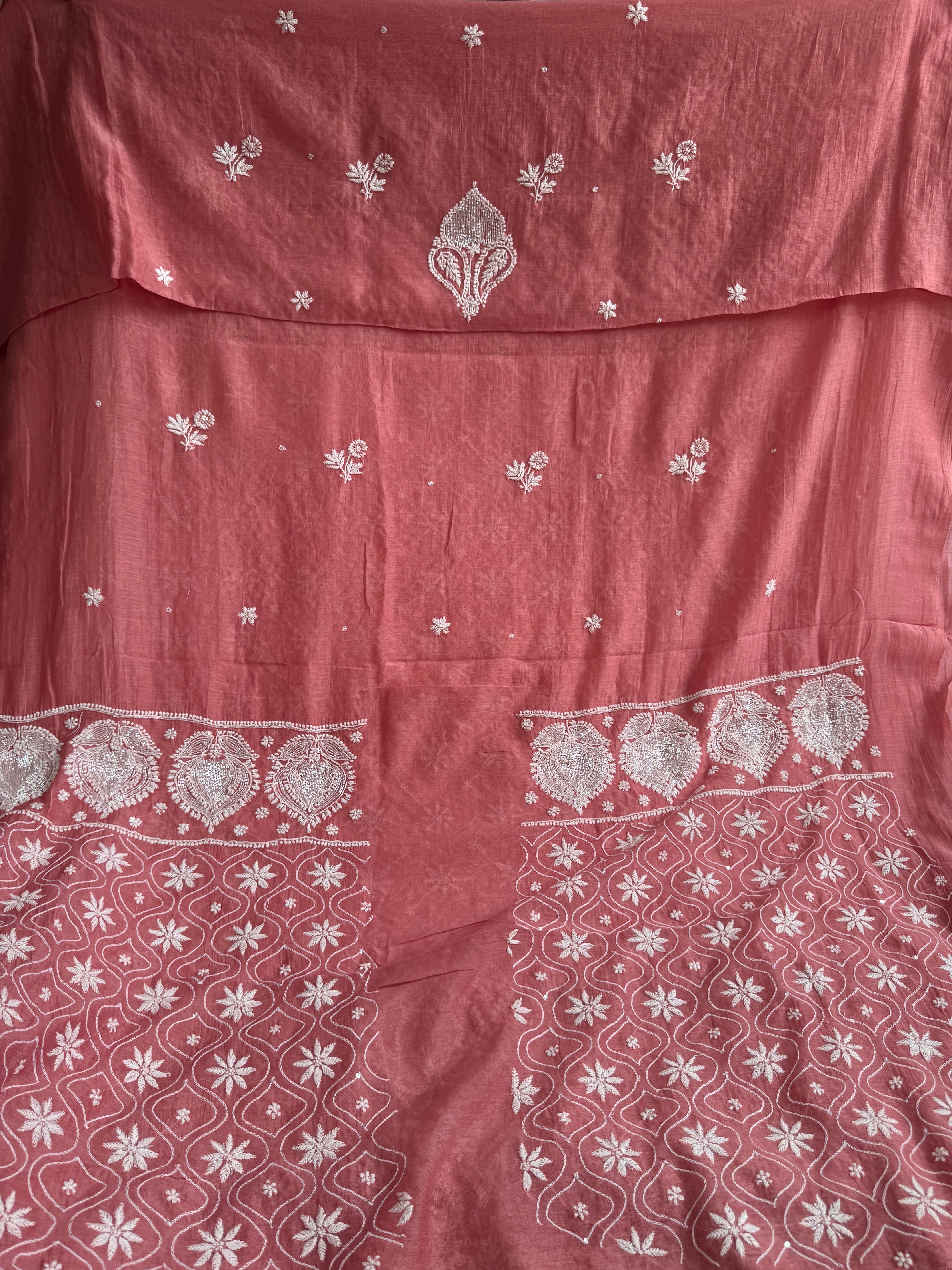 Mul Chanderi Chikankari - Unstitched Set - Rosewood