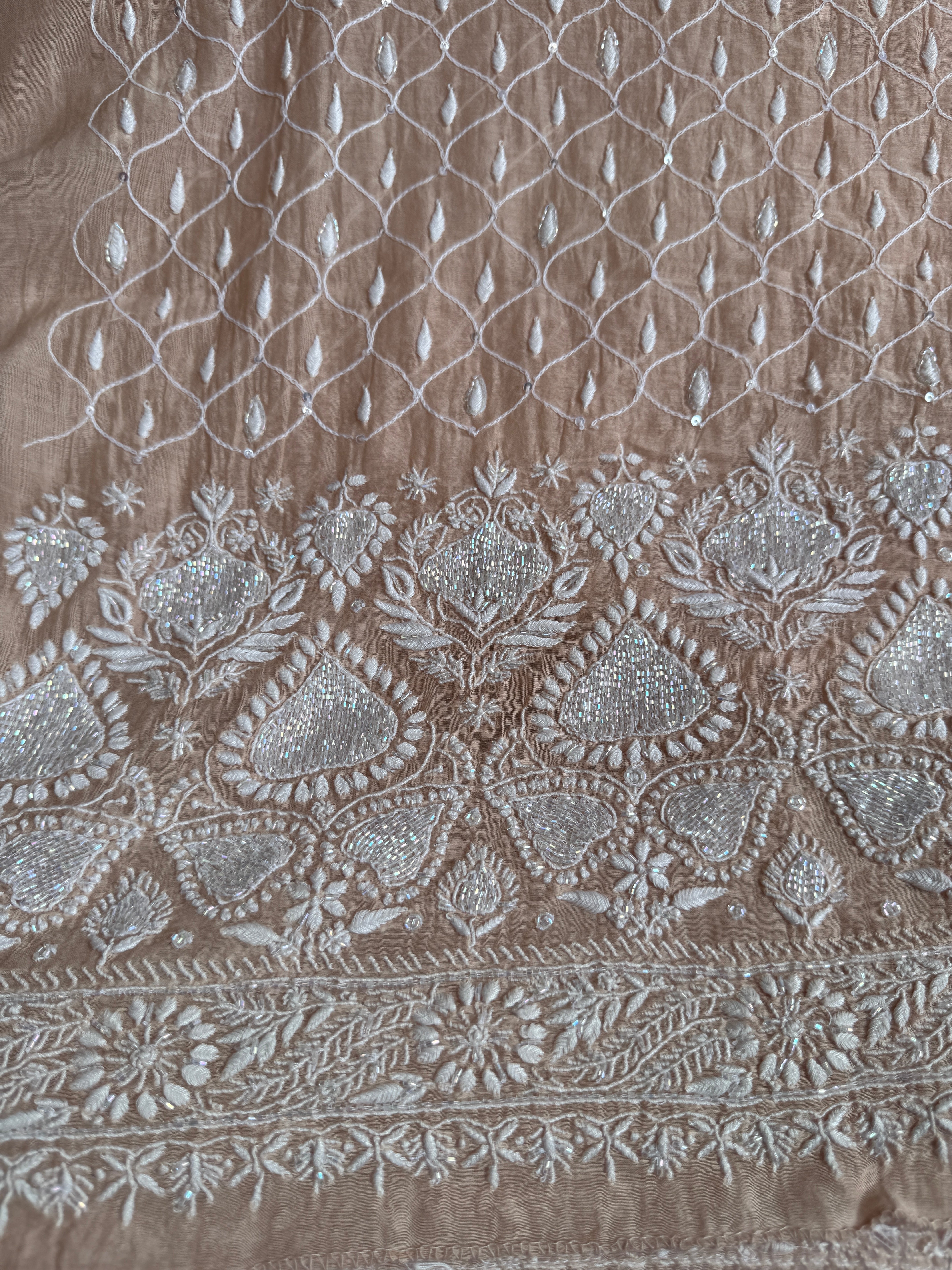 Mul Chanderi Chikankari - Unstitched Set - Beige