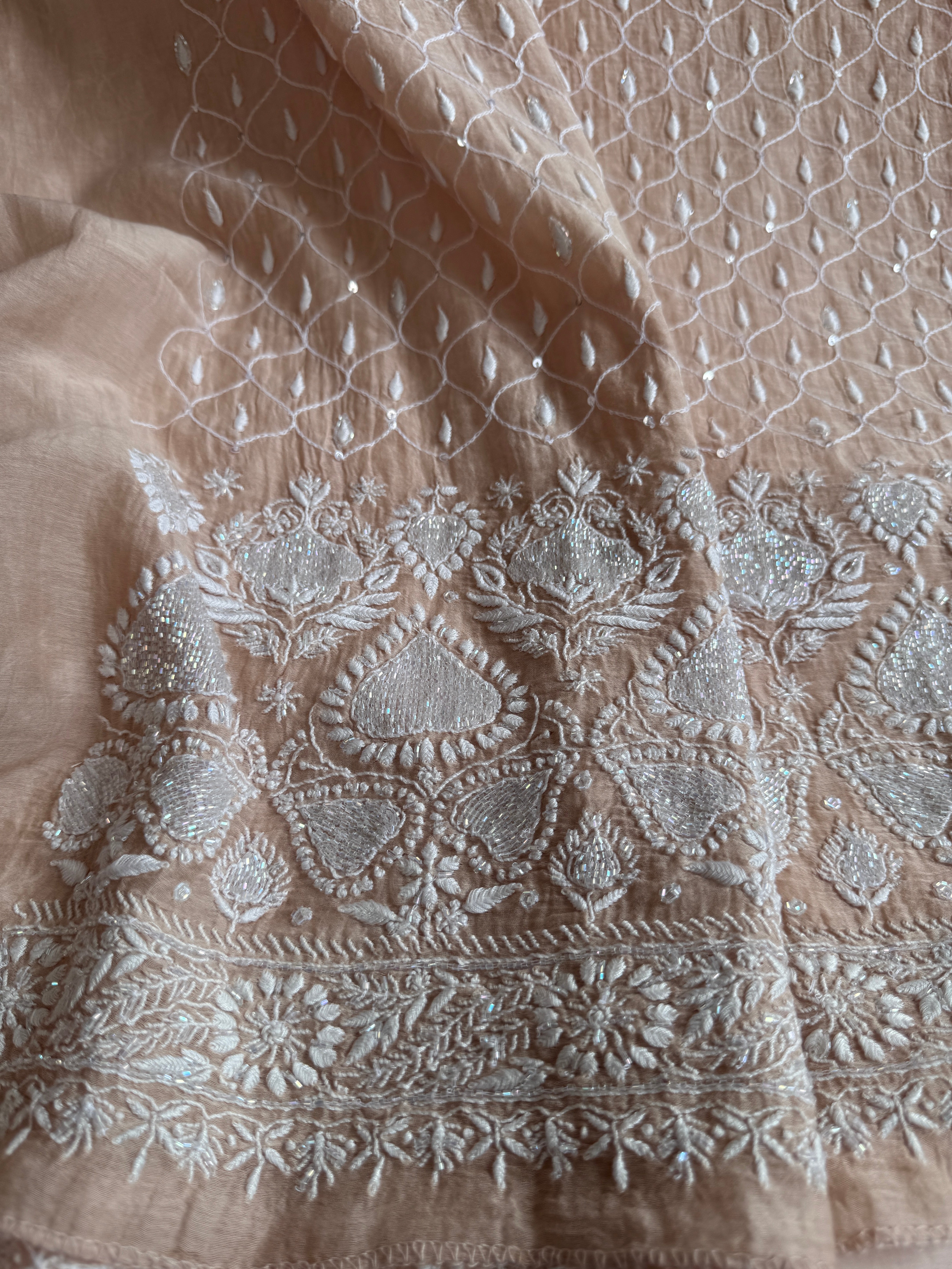 Mul Chanderi Chikankari - Unstitched Set - Beige