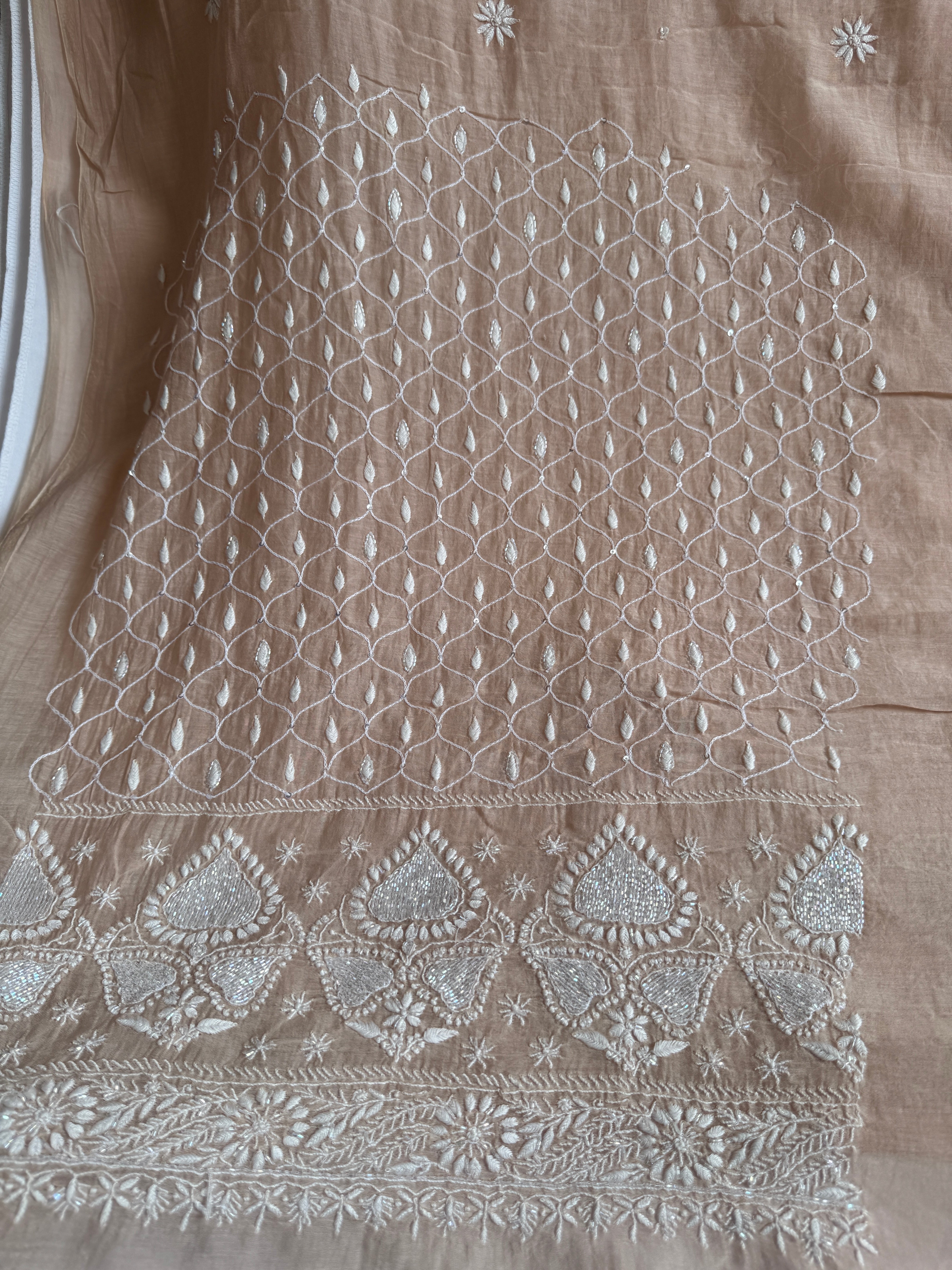 Mul Chanderi Chikankari - Unstitched Set - Beige