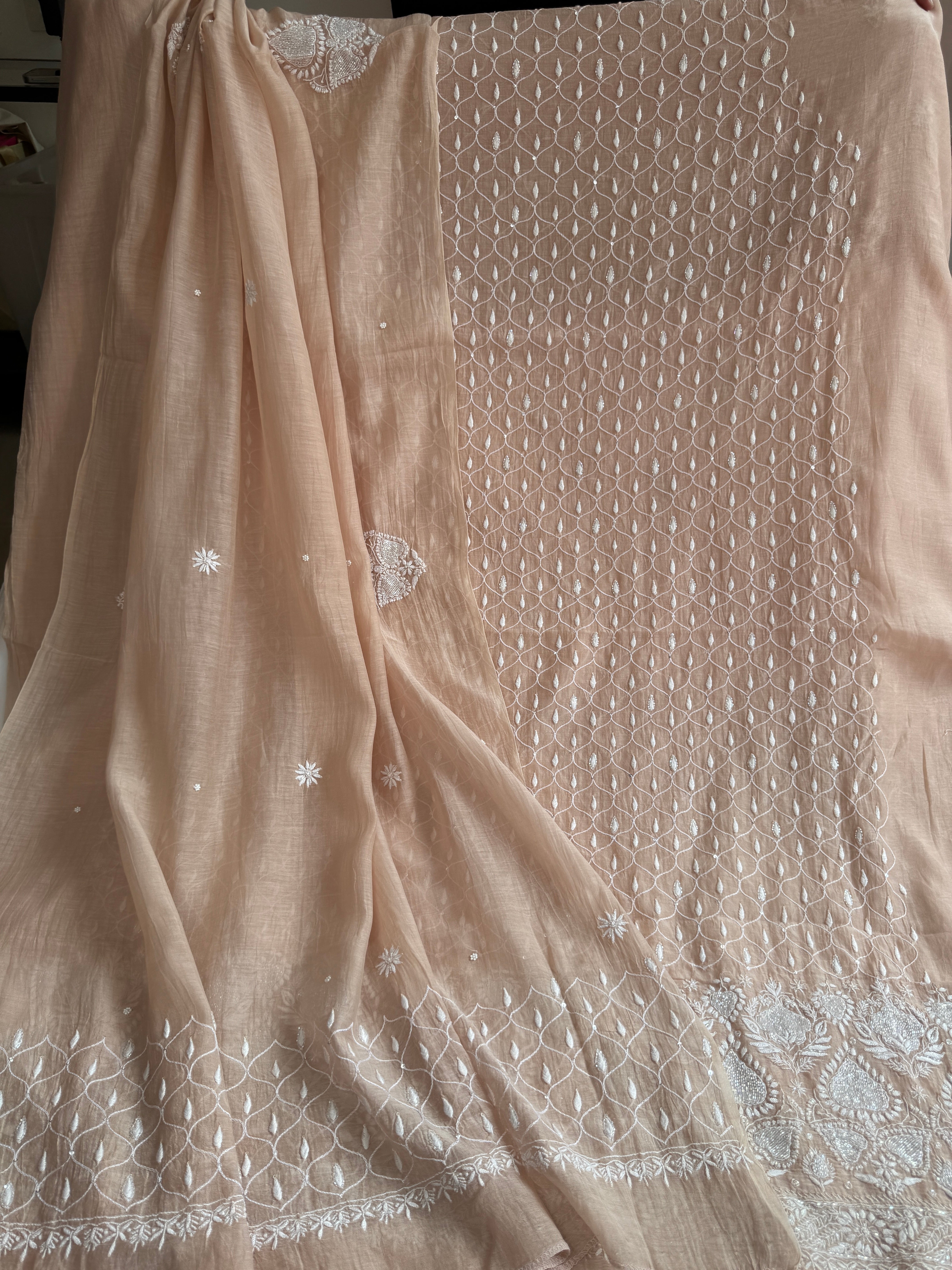 Mul Chanderi Chikankari - Unstitched Set - Beige