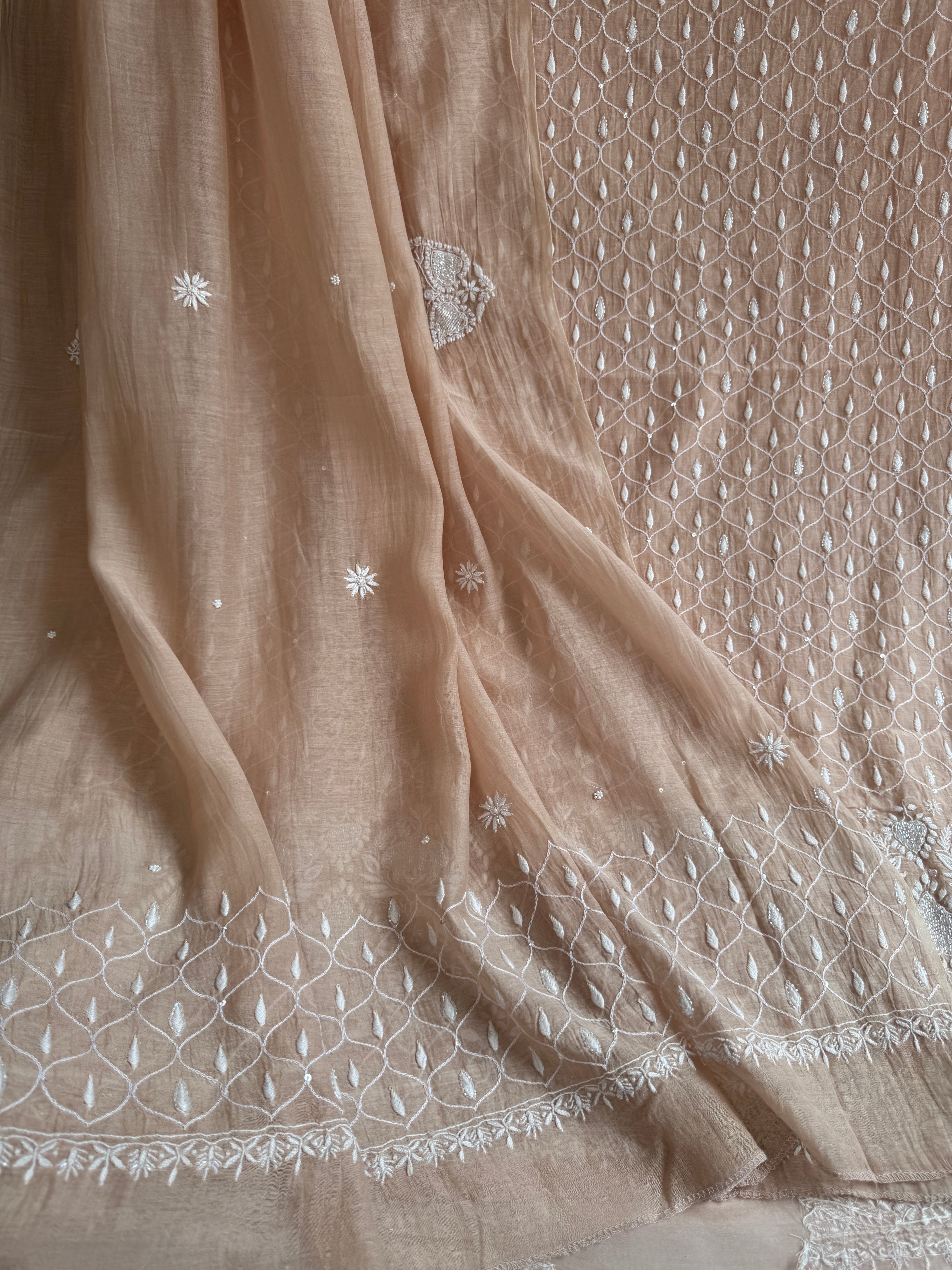 Mul Chanderi Chikankari - Unstitched Set - Beige