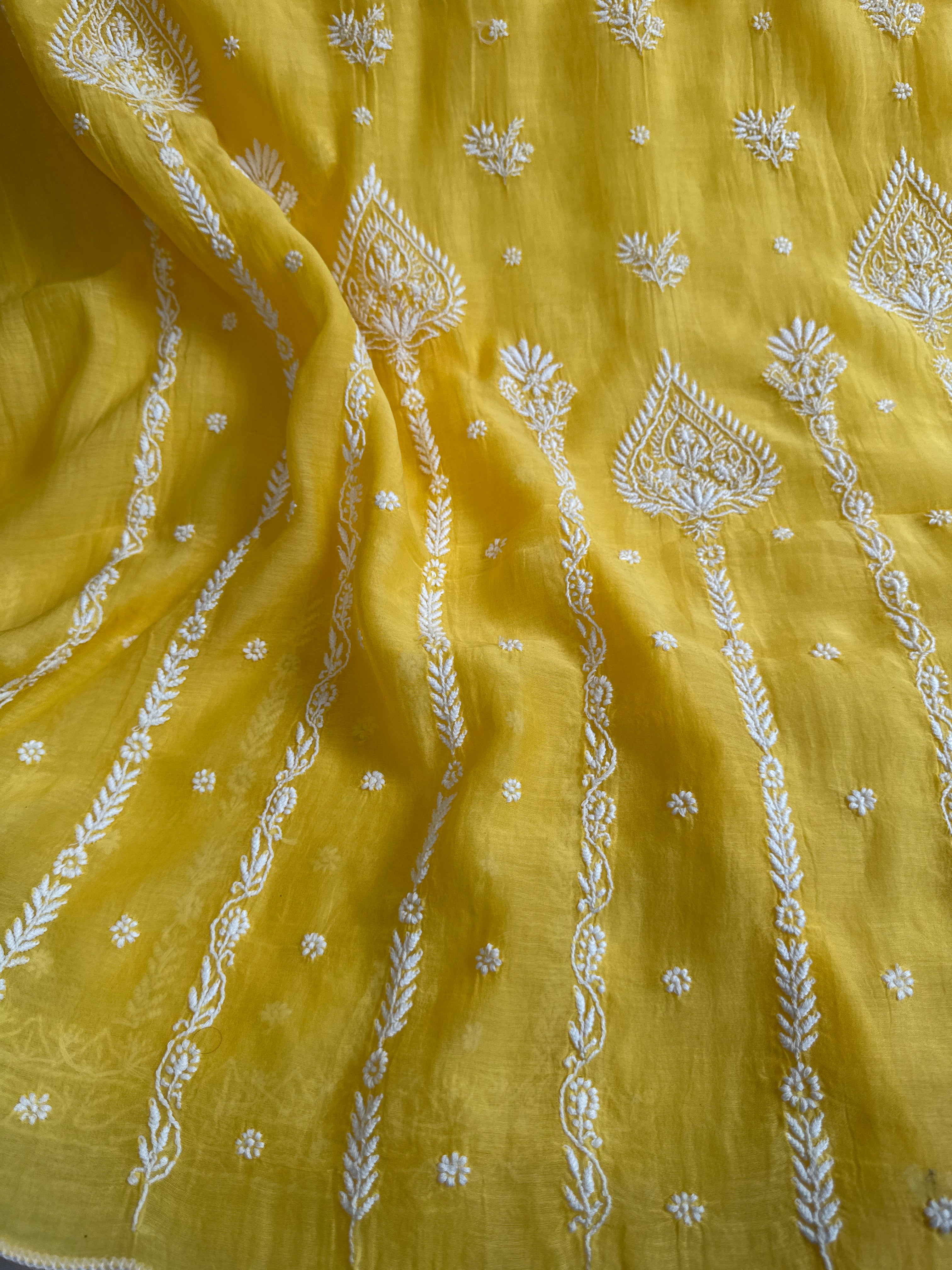 Mul Chanderi Chikankari Unstitched Length with Dupatta - Yellow