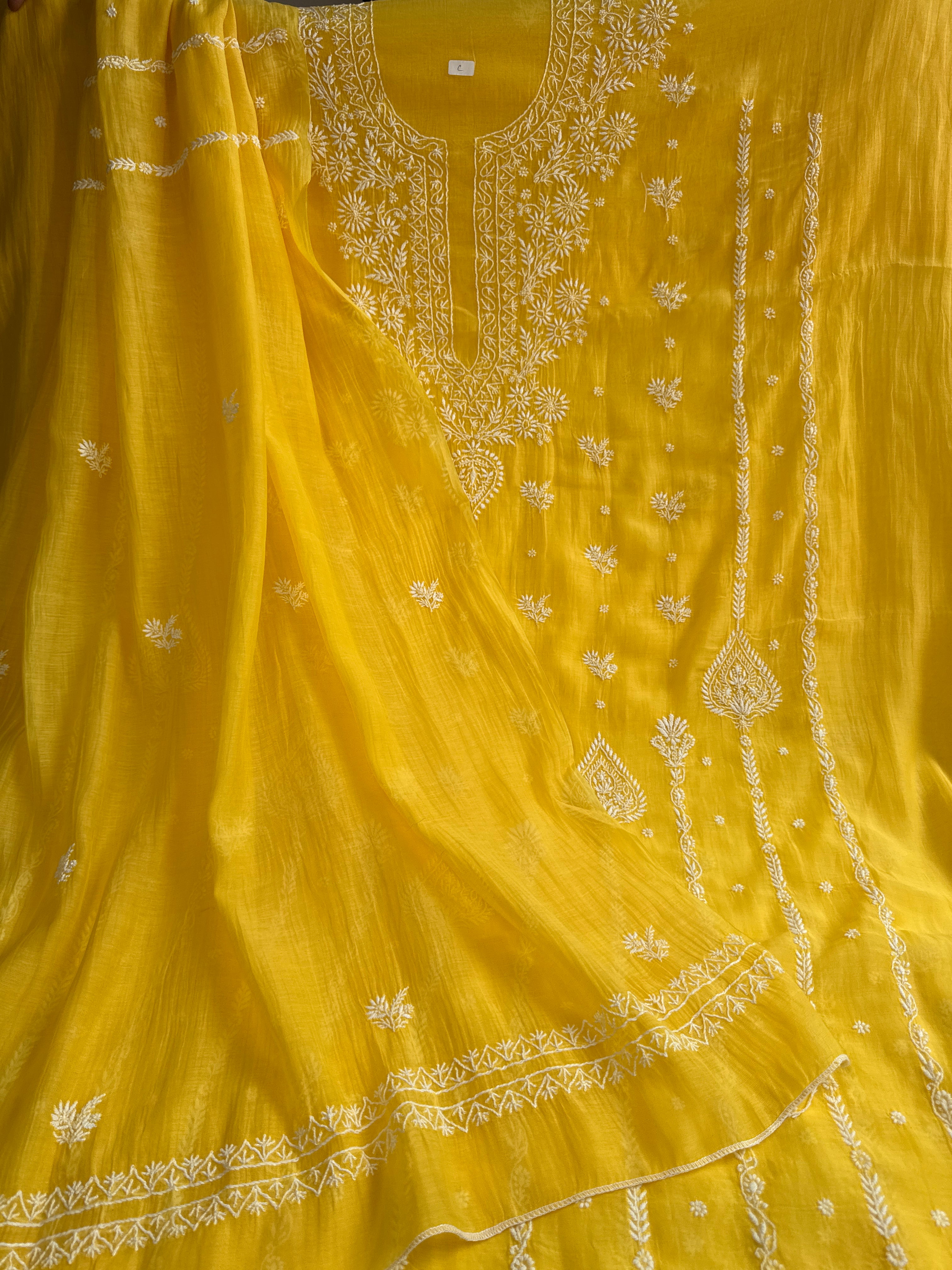 Mul Chanderi Chikankari Unstitched Length with Dupatta - Yellow