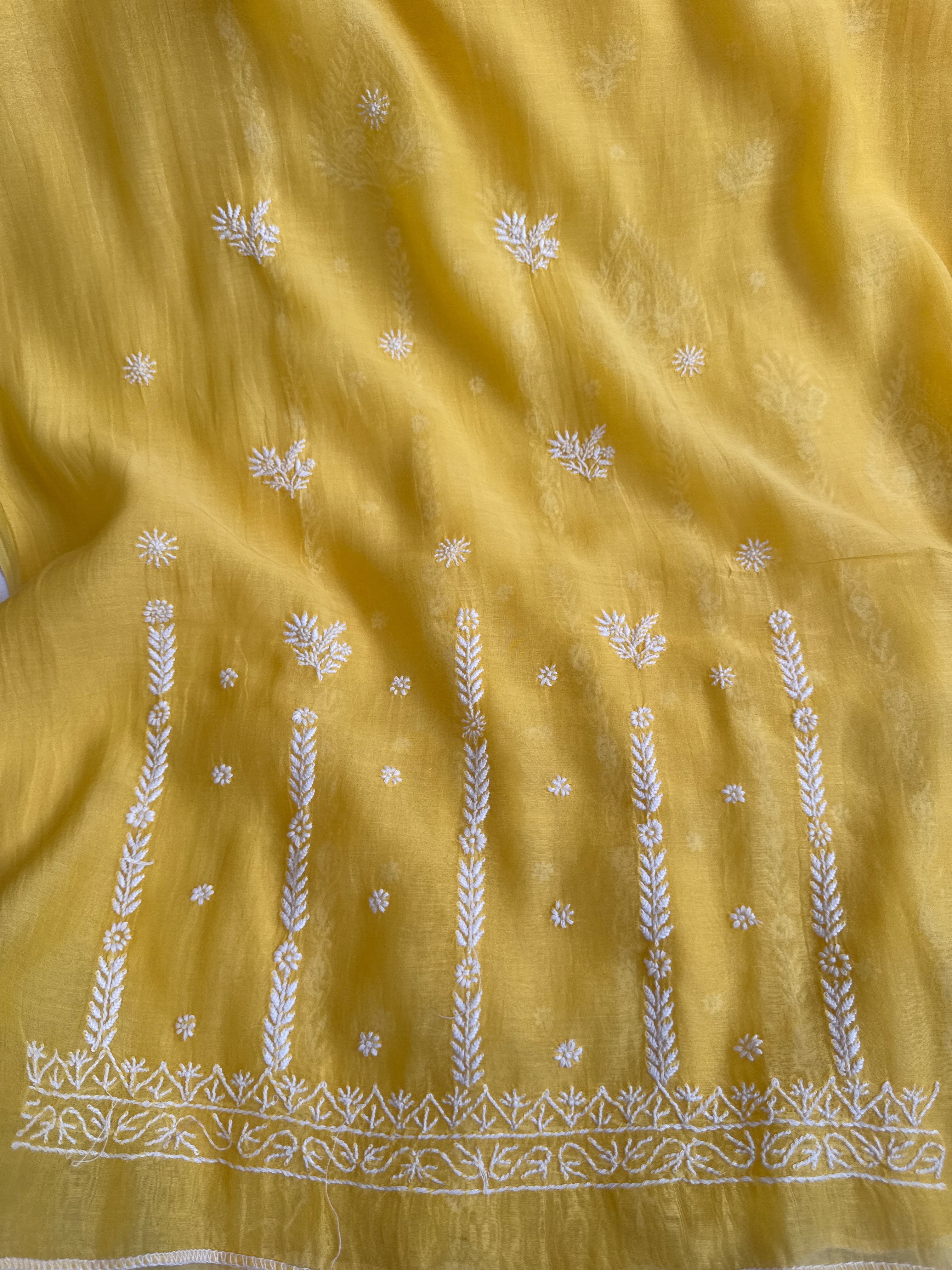 Mul Chanderi Chikankari Unstitched Length with Dupatta - Yellow