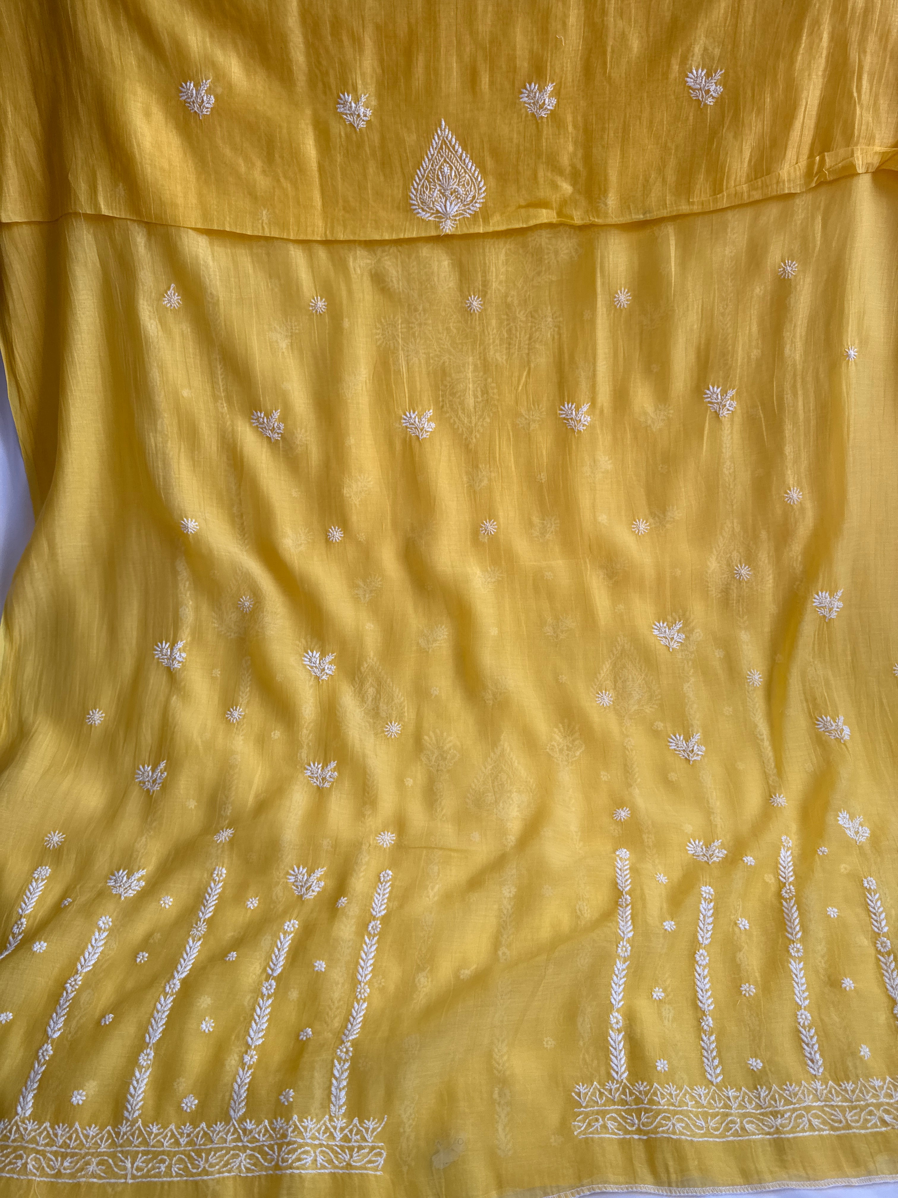 Mul Chanderi Chikankari Unstitched Length with Dupatta - Yellow