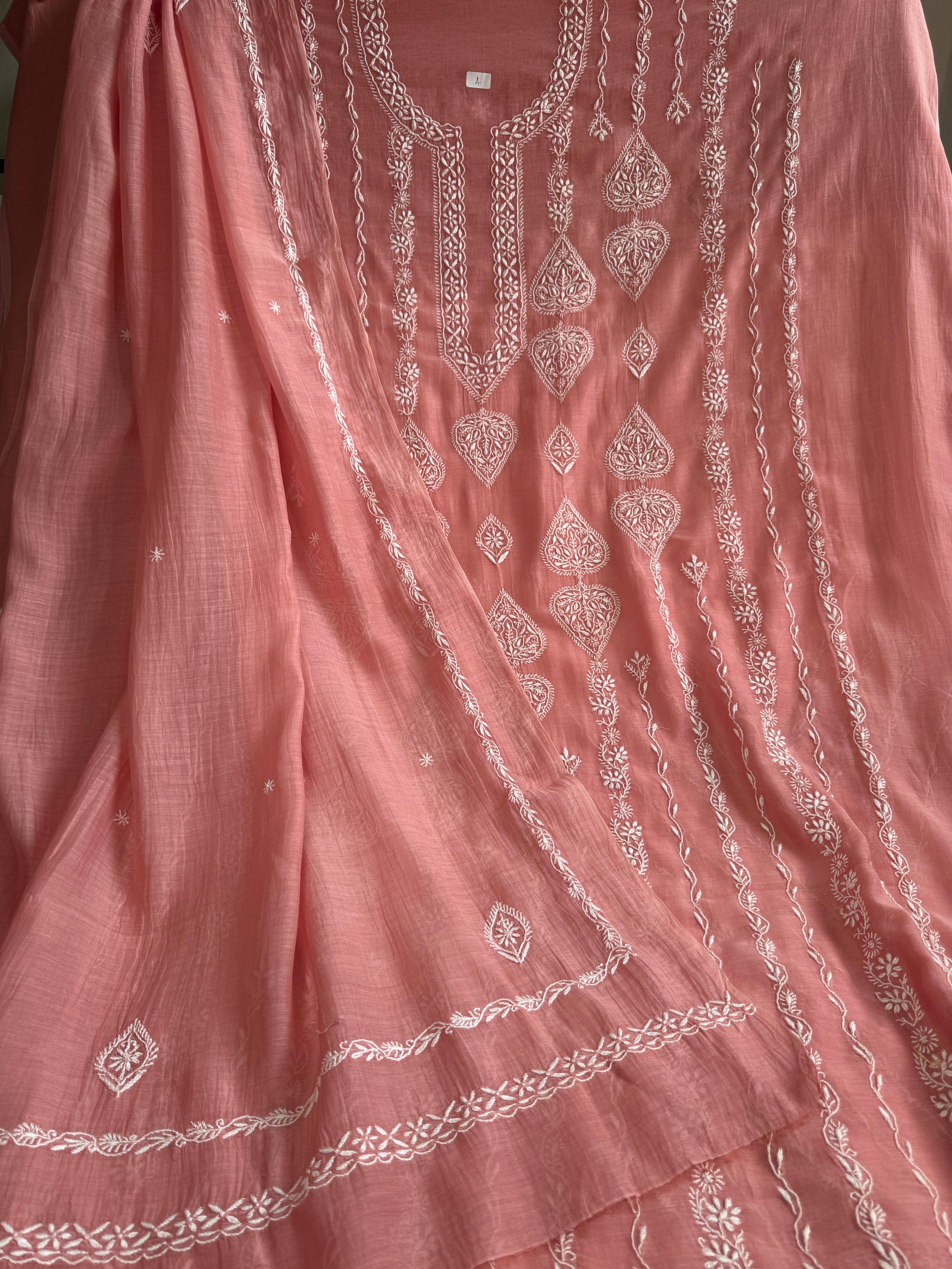 Mul Chanderi Chikankari Unstitched Length with Dupatta - Rosewood