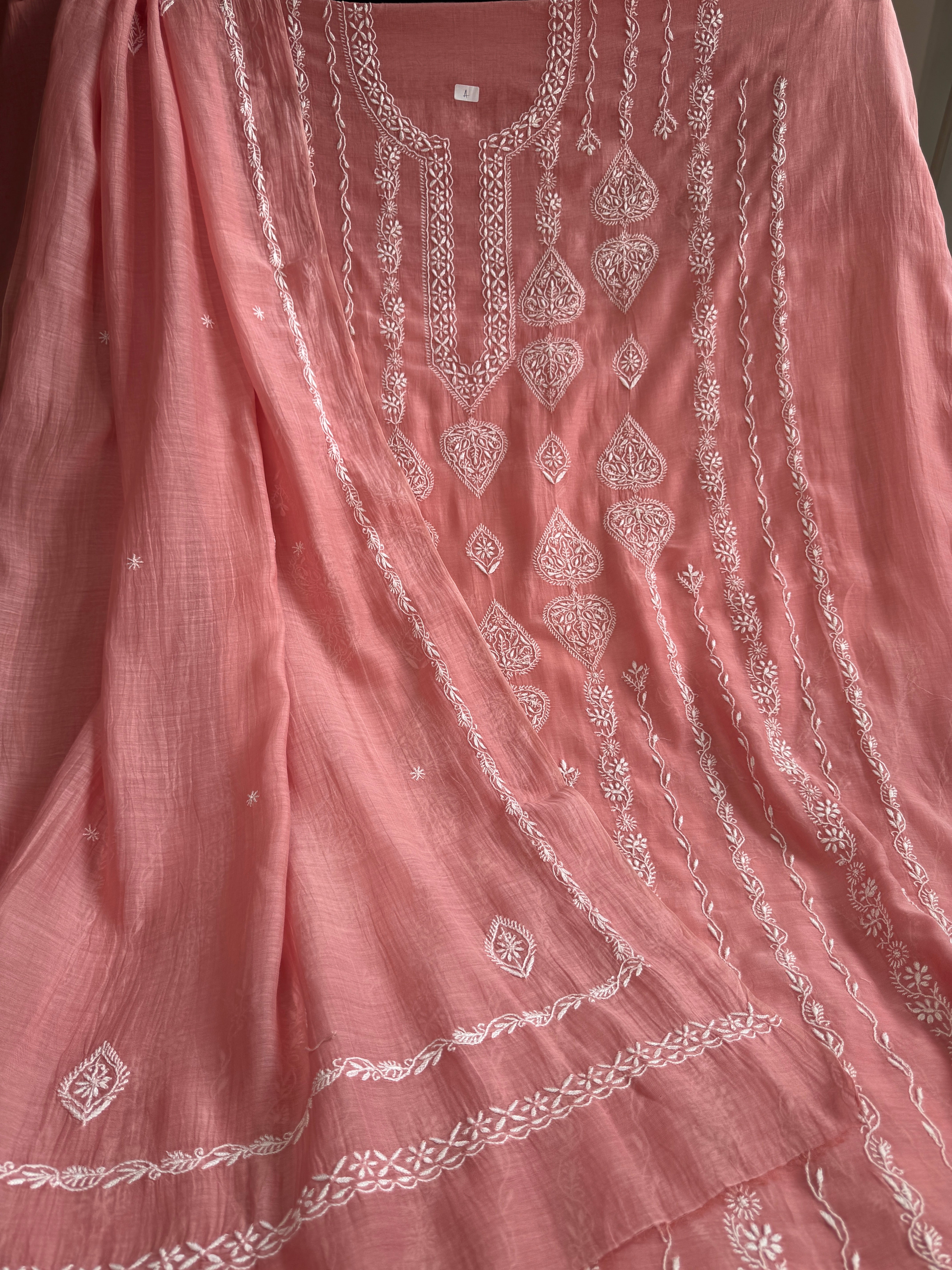 Mul Chanderi Chikankari Unstitched Length with Dupatta - Rosewood