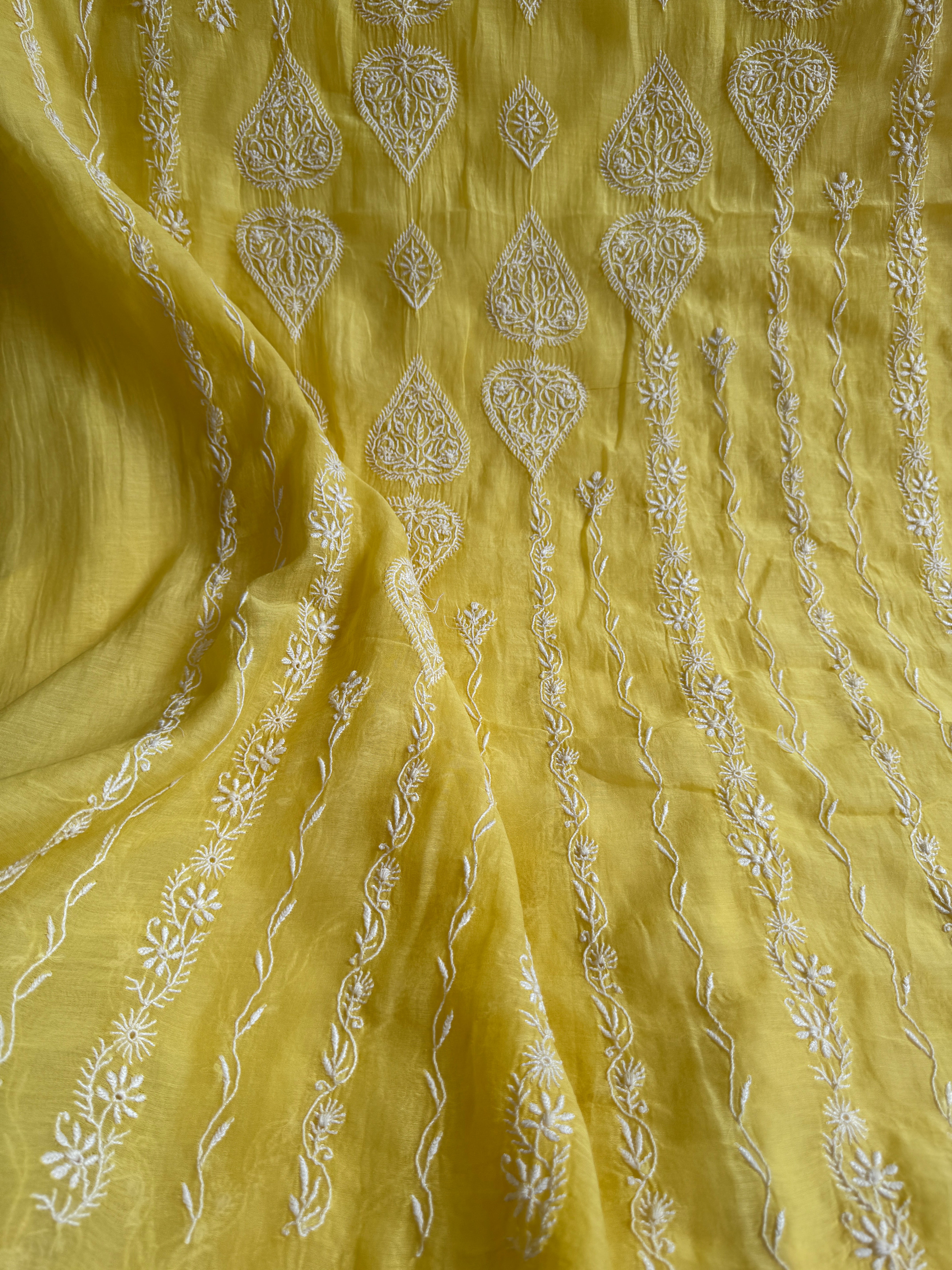 Mul Chanderi Chikankari Unstitched Length with Dupatta - Yellow