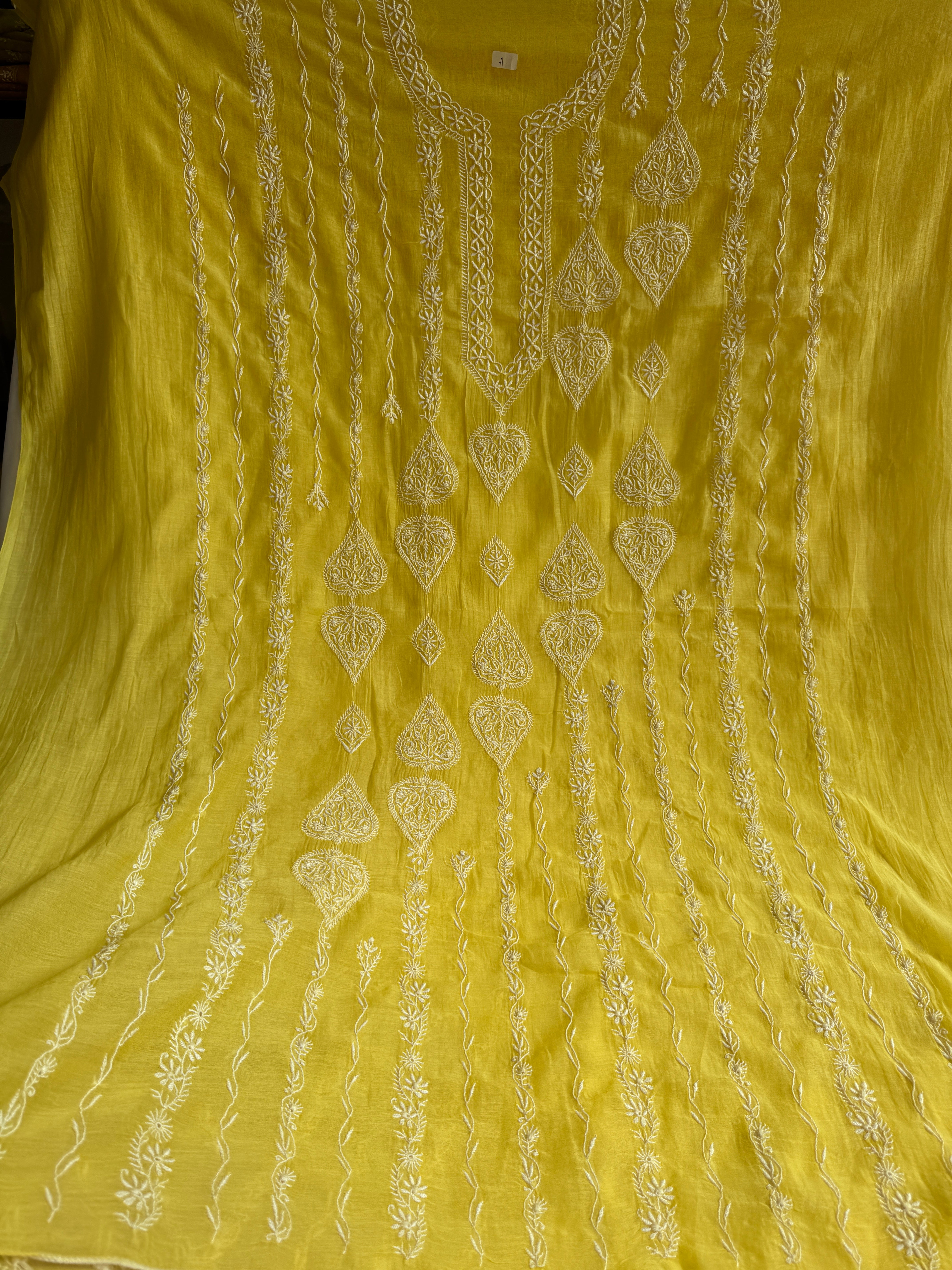 Mul Chanderi Chikankari Unstitched Length with Dupatta - Yellow