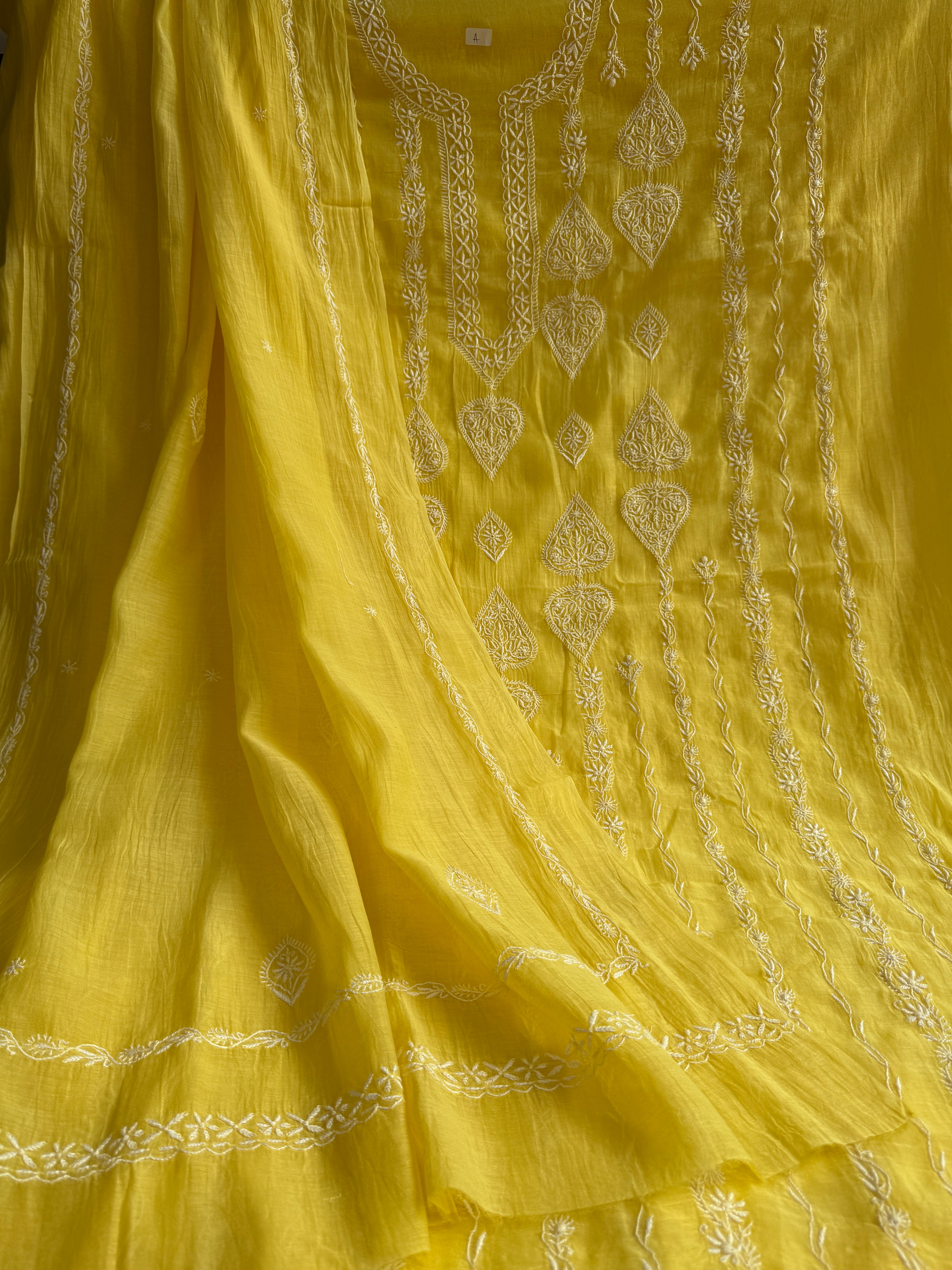 Mul Chanderi Chikankari Unstitched Length with Dupatta - Yellow
